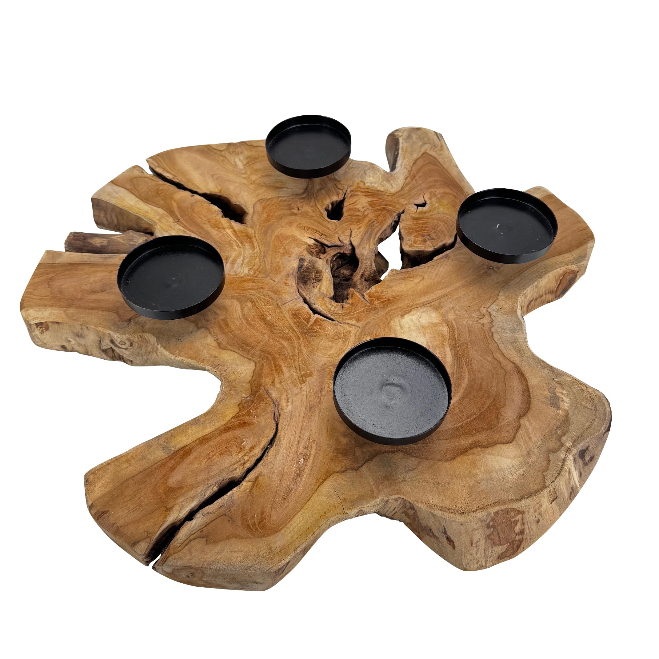 Adventskranz aus rustikalem Teakholz mit schwarzen Kerzenhaltern aus Metall für Stumpenkerzen - modern und natürlich für Ihre Weihnachtsdekoration