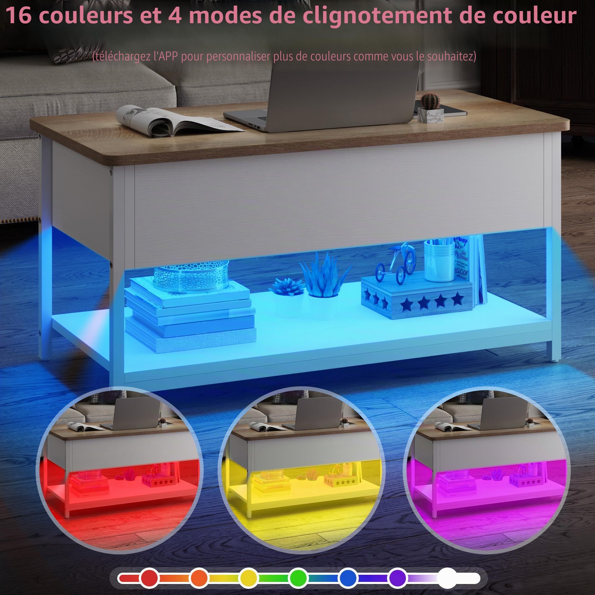DWVO Table Basse Rectangulaire avec LED et La Prise, Table Basse Salon Relevable Bois et Blanc, Moderne,Style Nordique, 100x50x(49-63,5) cm
