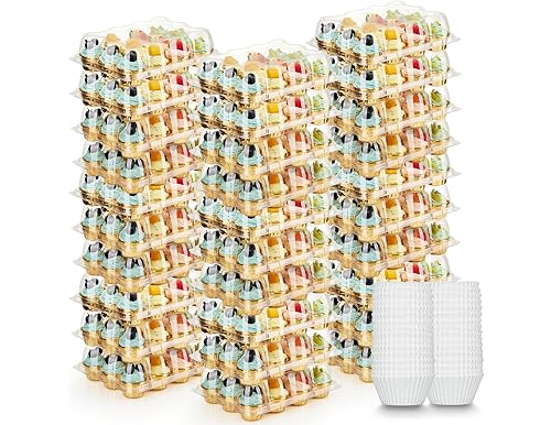 12 Pack Mini Cupcake Containers with Cupcake Liners, Plastic Cupcake Holder with High Dome - Stackable Cupcake Boxes Carrier - Clear Disposable Cupcake Trays - Small Cupcake Containers