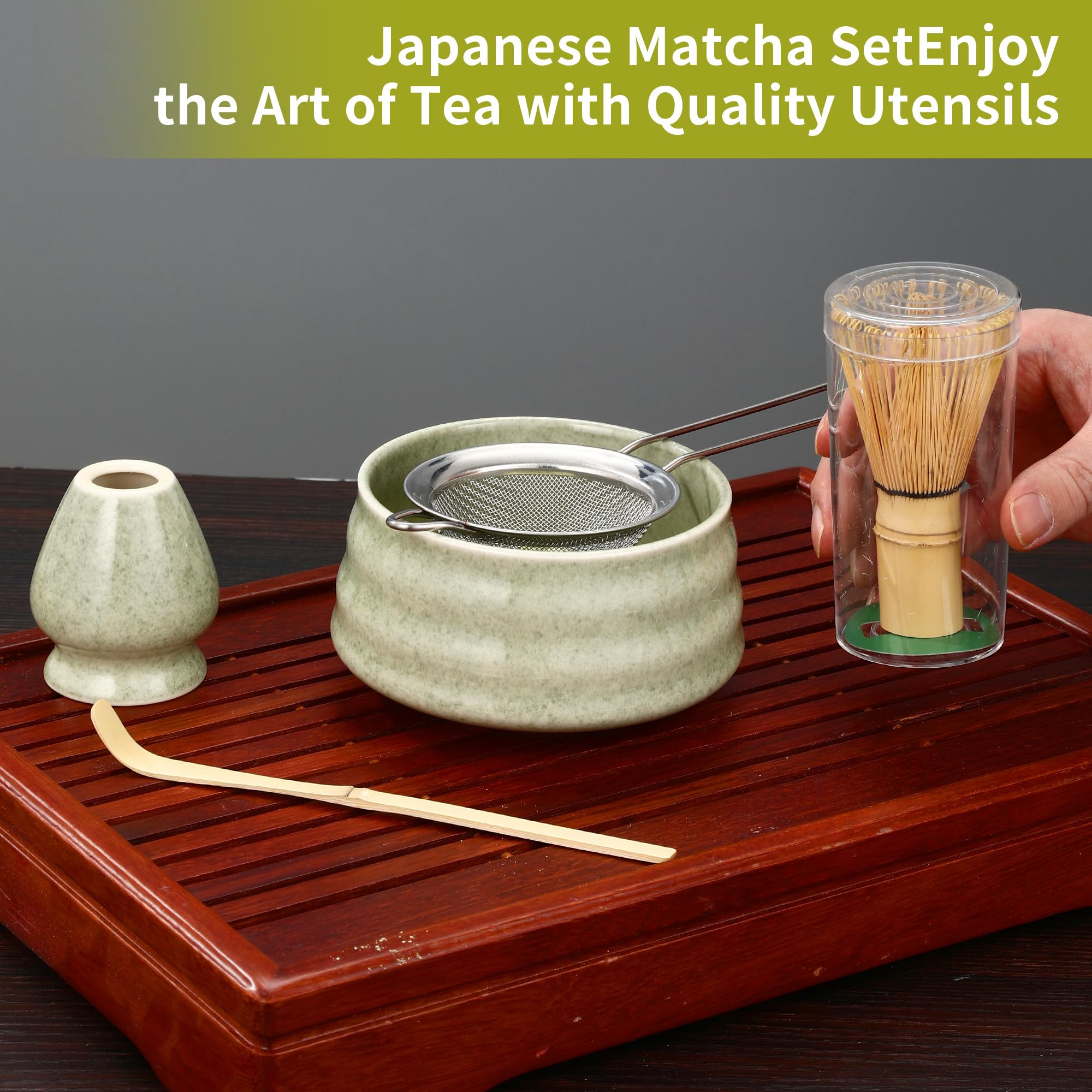 Matcha Kit da 5 pezzi: ciotola per matcha, frullino Baibenli, supporto per frullino, filtro, cucchiaino.Set Matcha adatto ai principianti.
