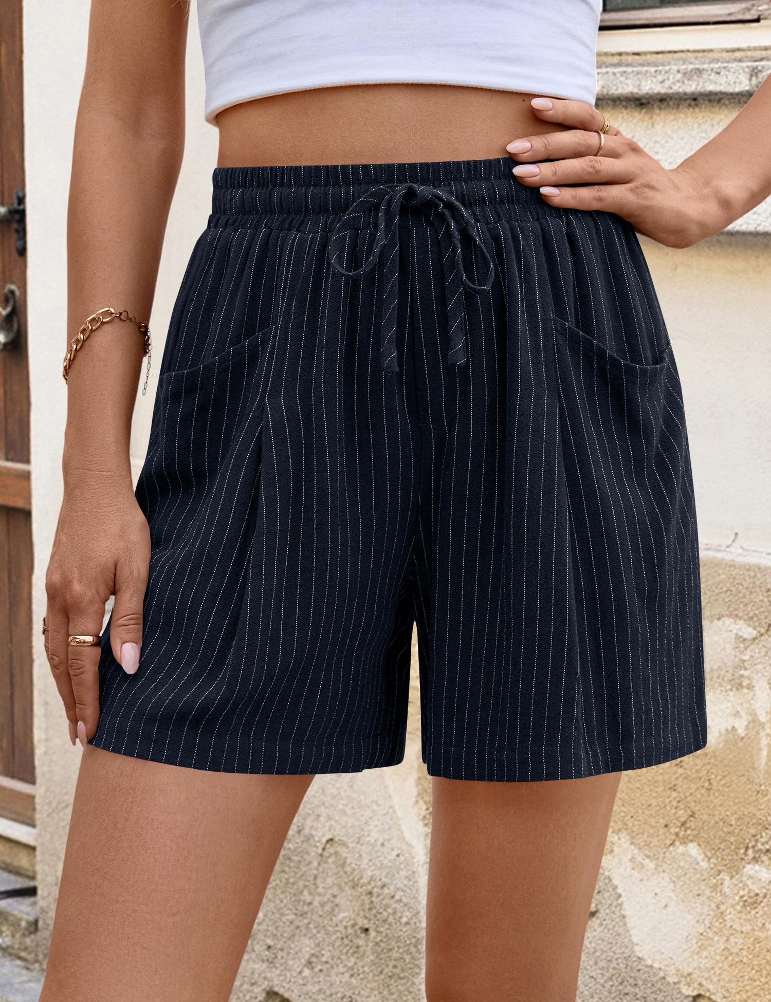 Rapbin Pantaloncini da donna estivi in lino e cotone, gamba larga, coulisse elastica in vita, pantaloncini casual con tasche