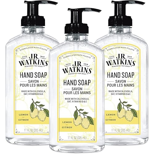 J.R. Watkins Gel Hand Soap For Bathroom or Kitchen, Scented, Cruelty Free, 11 Fl Oz, Lemon, 3 Pack