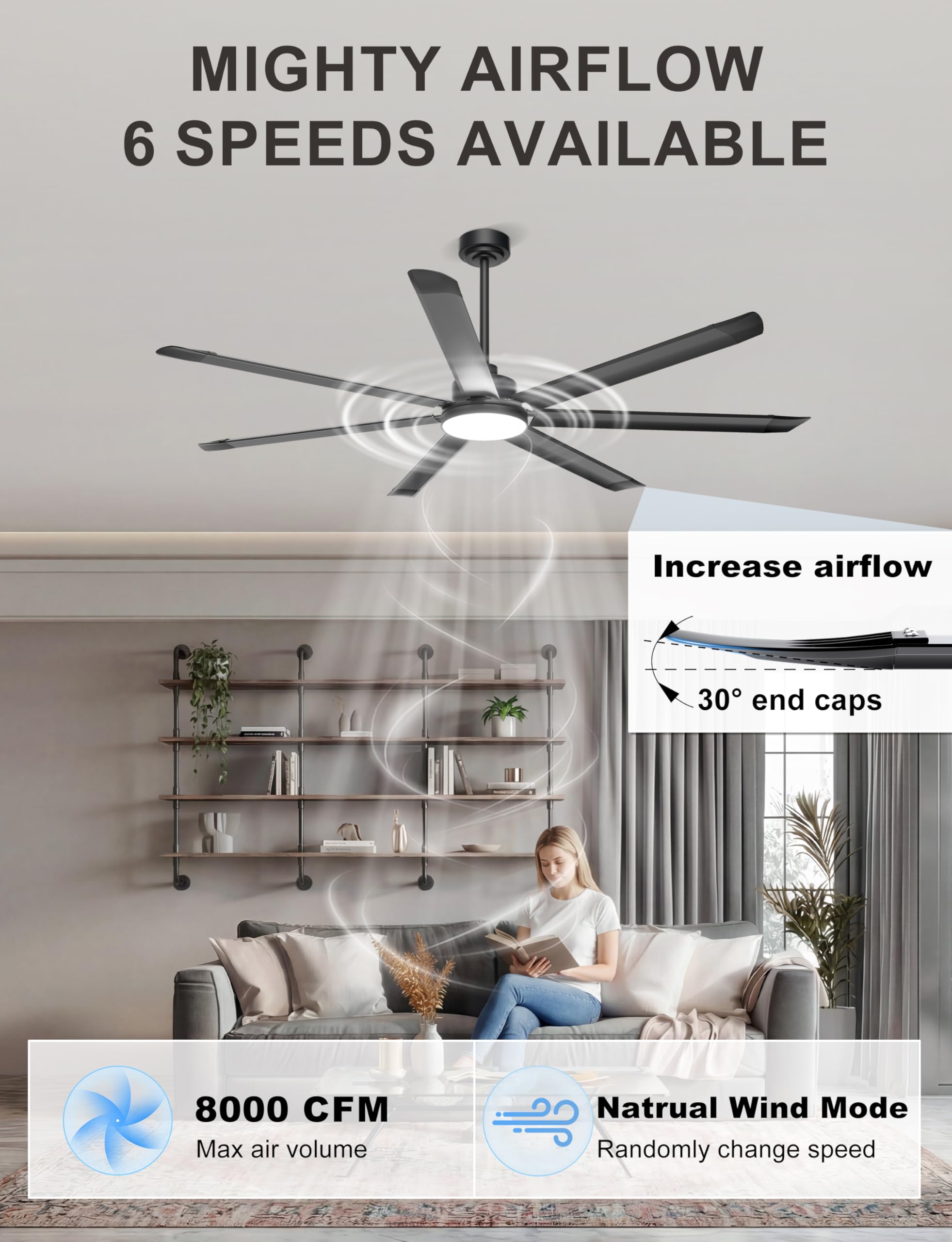 Ohniyou Ventilador de Techo de 182 cm con Luz, Ventiladores de Techo Industrial Grande con Control Remoto/APP, 7 Aspas de Aluminio, Motor DC Silencioso, Ventilador para Terraza Exterior, Garaje, Negro - 3