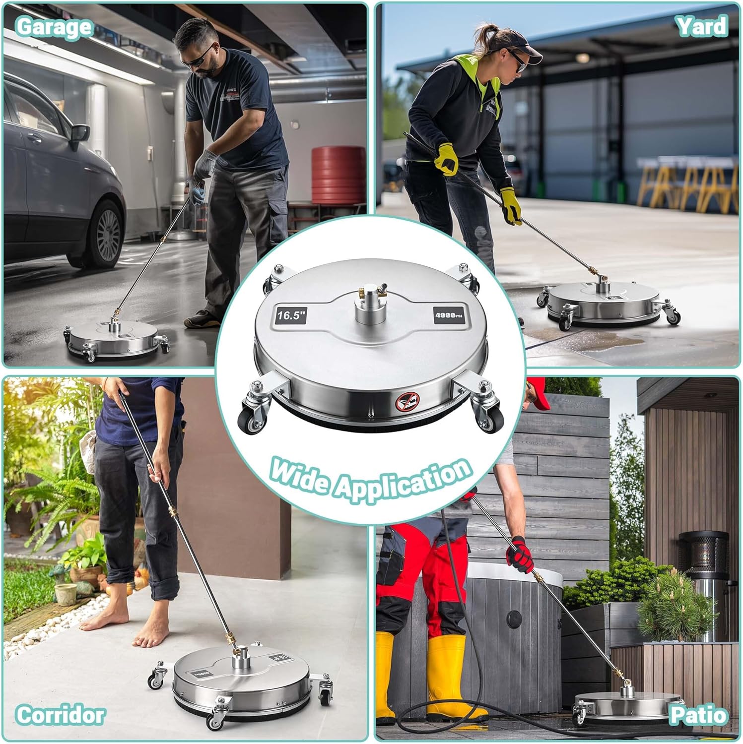 Yescom 16.5" Pressure Washer Surface Cleaner with 4 Wheels - Stainless Steel Surface Cleaner for Pressure Washer Attachment for Concrete, Sidewalk, Patio, Deck, Driveways and Daily Washing - 4000 PSI