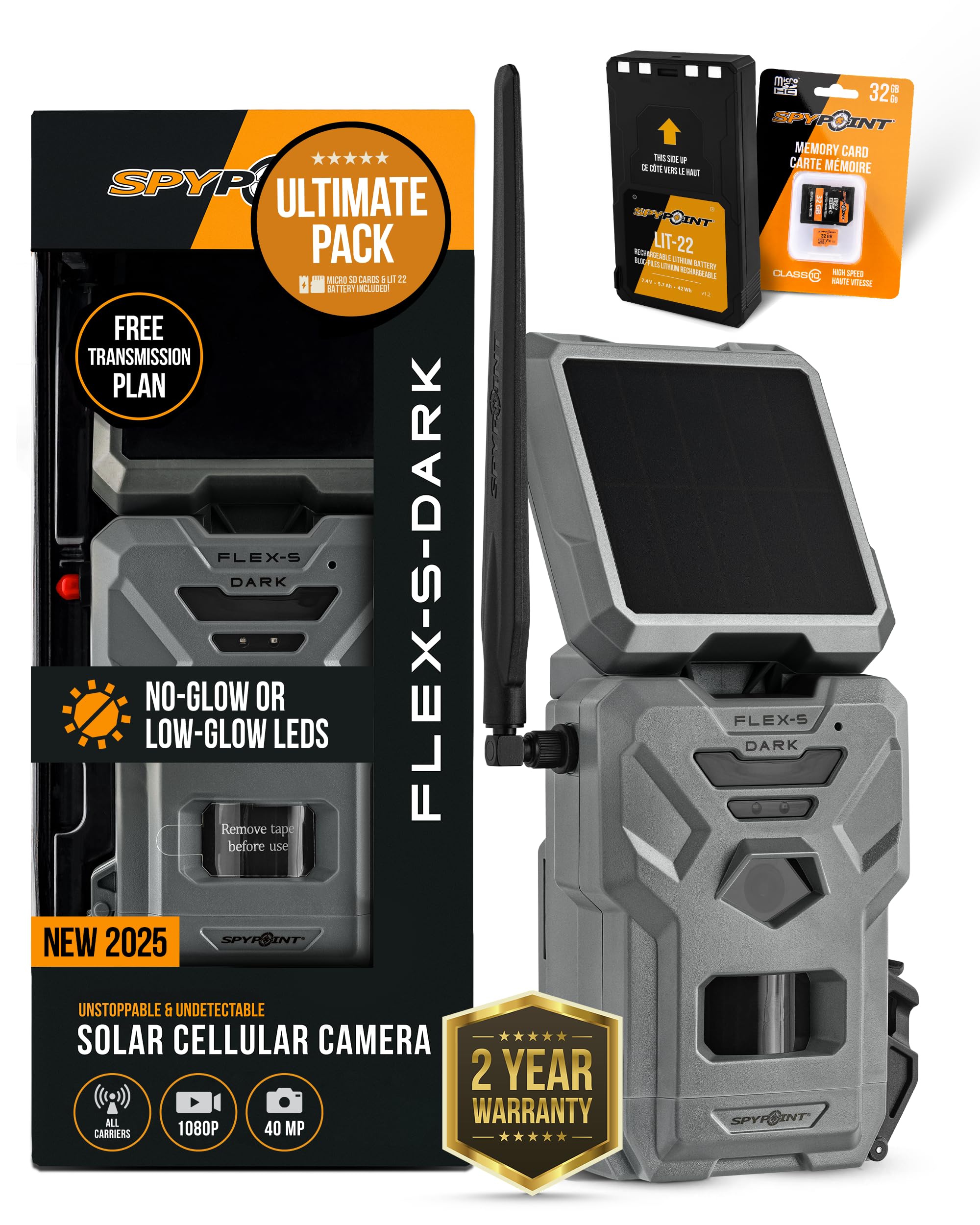 SPYPOINT Flex-S-Dark Ultimate Pack with SD Card LIT-22 - Solar Cellular Trail Camera Built-in Solar Panel 40MP Photos