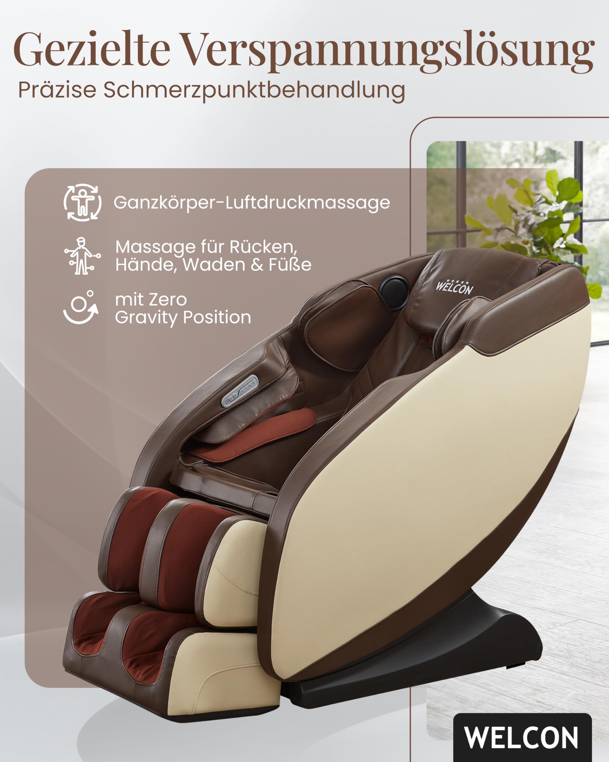 WELCON Prestige II 3D Massagesessel Zero Gravity Wärme Beige-Braun | Sessel mit Wärmefunktion, Fußmassage, Luftdruckmassage & Bluetooth für Zuhause