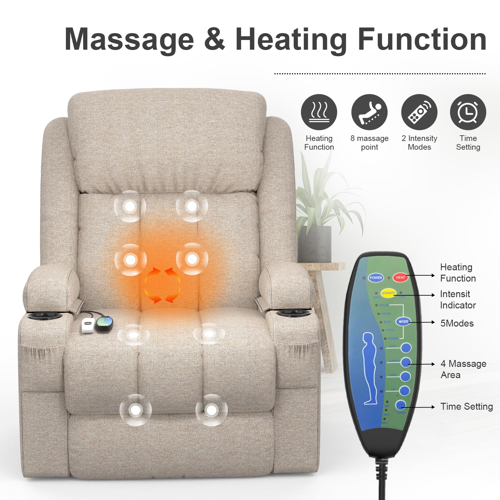 Fernsehsessel Massagesessel Elektrisch Relaxsessel mit Liegefunktion Aufstehhilfe, Massage Heizung, Fußteil, Getränkehalter 4 Seitentaschen,TYP C & USB-Anschlüsse Leder Sessel