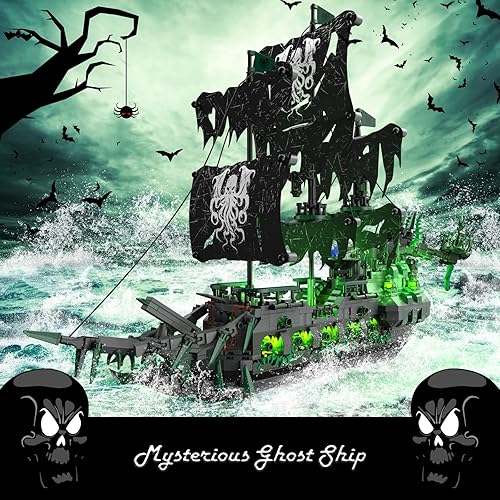 Miniatura 3 de JMBricklayer Juguetes de construcción de barcos piratas con luces, barco fantasma volador holandés modelo barco barco 40001, juegos de construcción