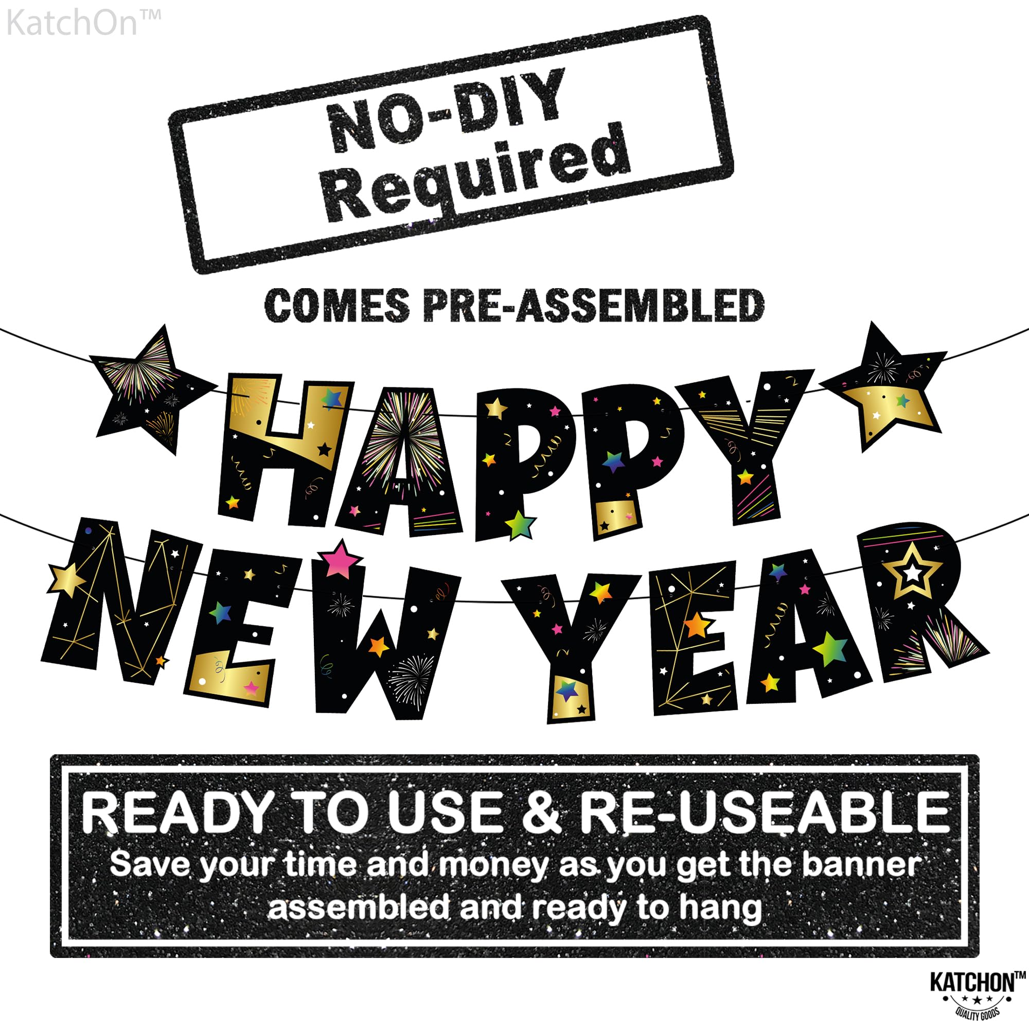 KatchOn, Gold and Black Happy New Year Banner - Big, 10 Feet | Happy New Year Backdrop, New Years Eve Party Supplies 2025 | New Years Eve Banner for Happy New Years Decorations 2025 | NYE Decorations