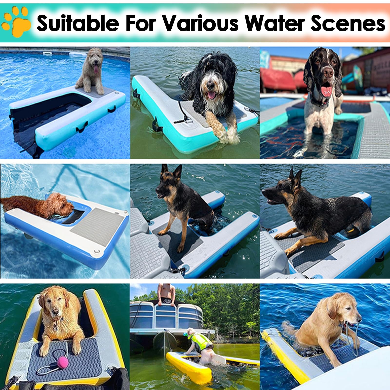 Dog Water Ramp Floating Dock, Pools/Pontoon/Lakes/Beaches Dog Climbing Ladder Inflatable Ramps, Blue Non-Slip EVA Platform, for 60kg Dogs Climb Out of Water(150x100x15cm)
