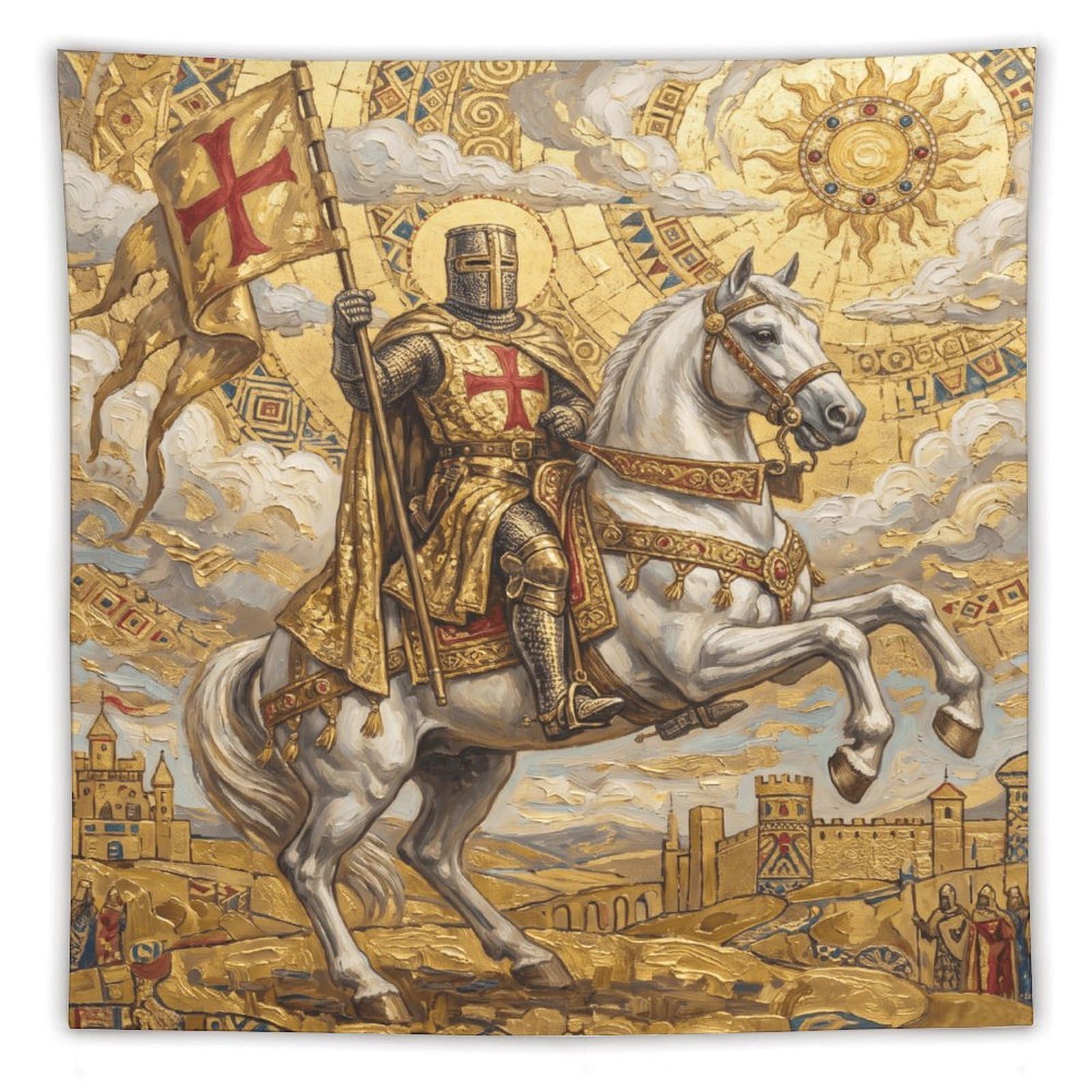 H3B8U2Y5 Crusader Knight Wall Tapestry, Renaissance Art, Sunlit Banner