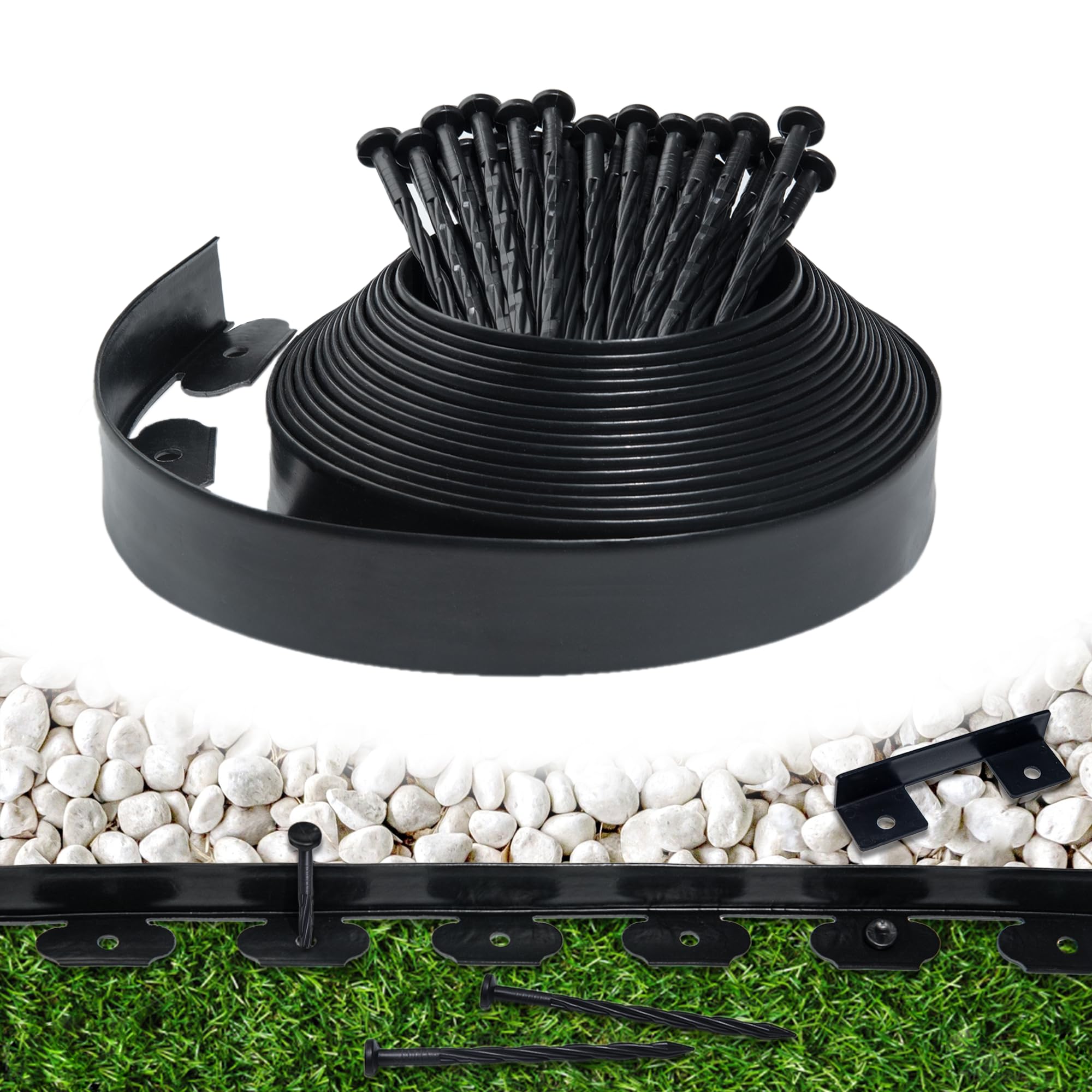 Landscape Edging Border 33 FT 2 Inch Tall with 60 Spikes, Plastic Edging for Landscaping, Garden Edging Border， Flower Bed, Paver and Lawn Edging Border, Black