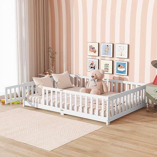 Miniatura 99 de Harper & Bright Designs Cama de suelo tamaño Queen con valla y puerta, marco de cama Montessori de madera para niños, niñas, listones incluidos, no