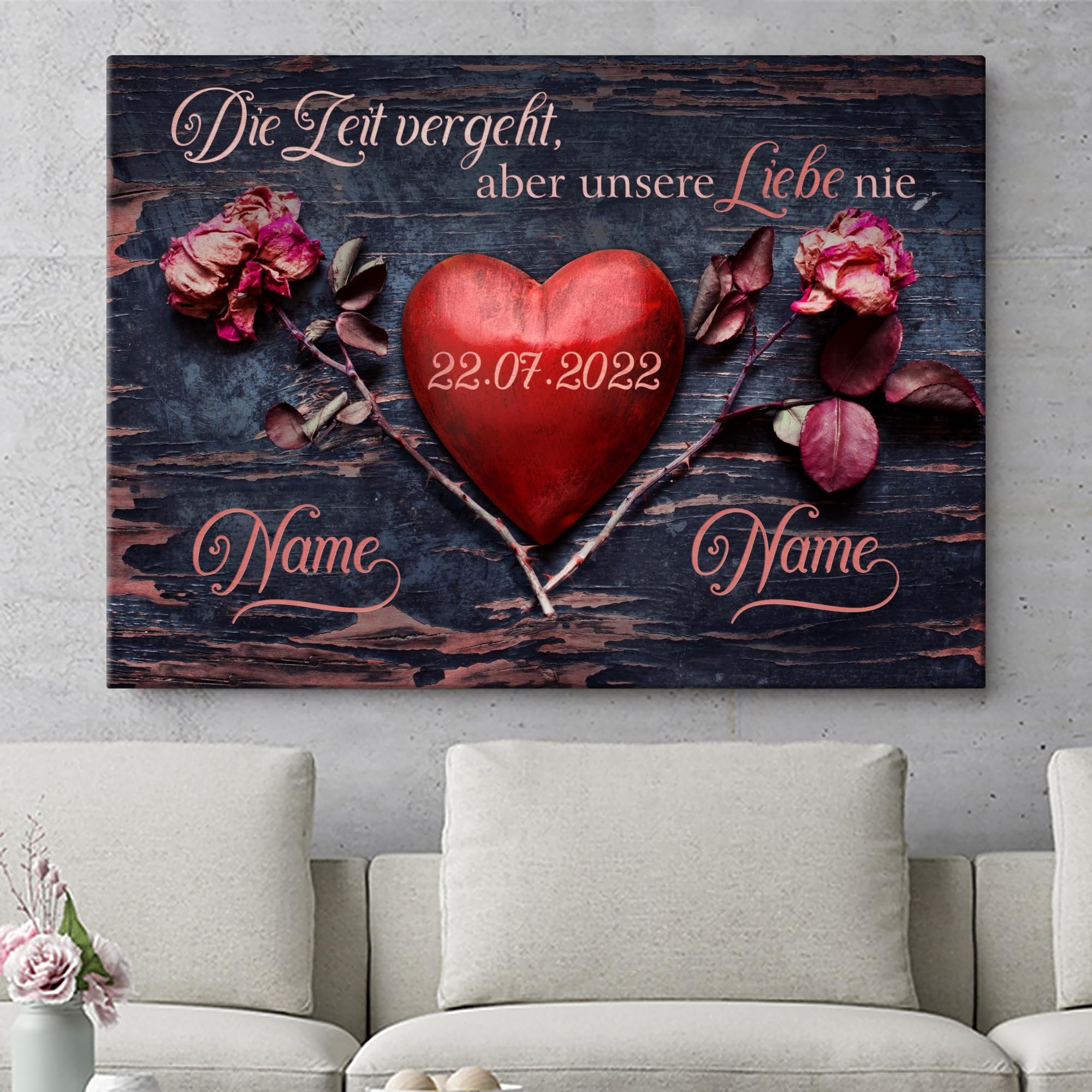 Liebesleinwand Individuelles Wandbild | Jahrestag, Hochzeitstag Geschenke für Frauen | Leinwand mit Namen und Datum gestalten | Unsere Liebe vergeht nie