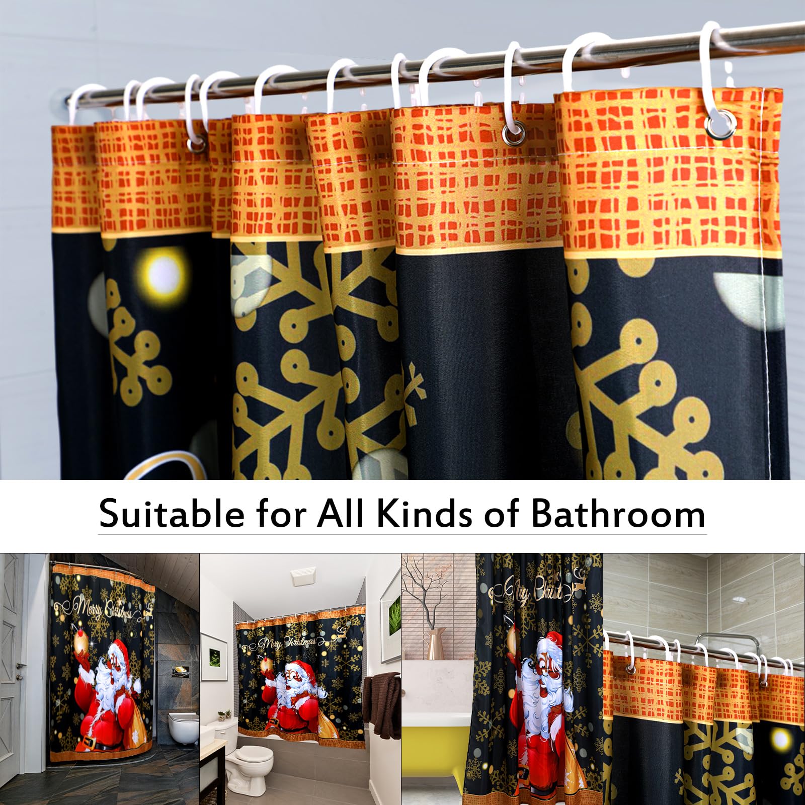 Peryiter Juego de cortinas de ducha de Papá Noel negro con alfombras antideslizantes, cubierta de tapa de inodoro, alfombrilla de baño y 12 ganchos, decoración de baño de Navidad, impermeable, cortina