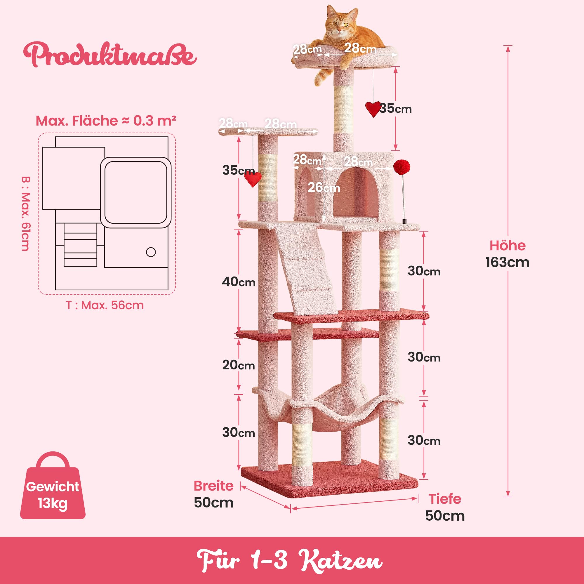 Rosa Kratzbaum, 163 cm Mehr-Ebenen-Turm für Wohnungskatzen mit Sisal-Kratzpfosten, gepolsterter Liegefläche, gemütlicher Hängematte und Spielzeug zum Jagen