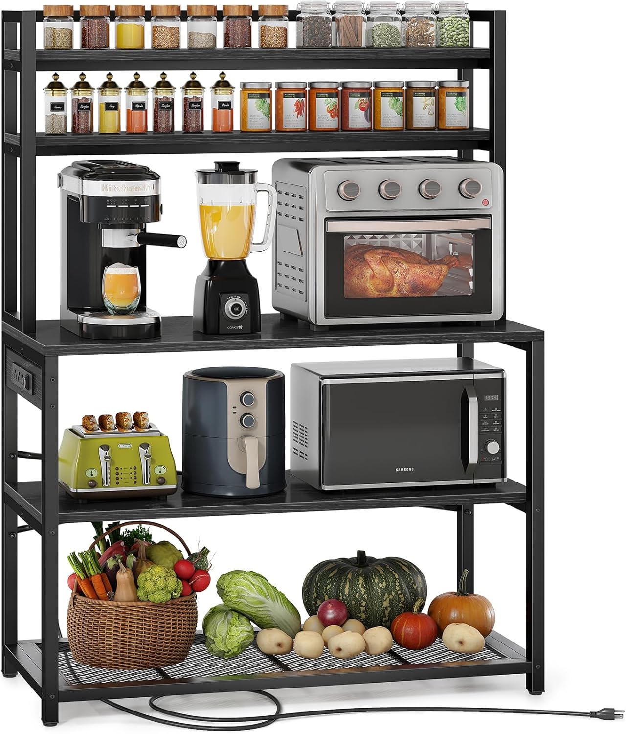 Denkee Large Bakers Rack with Power Outlets, 38 Inch Microwave Stand with Storage, 5-Tier Coffee Bar Stand, Industrial Kitchen Shelf Rack, Rustic Brown