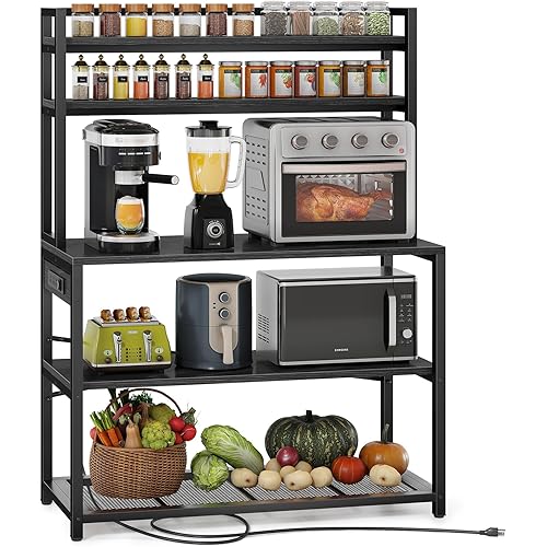 Denkee 39.4 Inch Wide Large Bakers Rack with 3 Power Outlets, 5-Tier Microwave Stand with Storage, Freestanding Kitchen Stand, Coffee Bar Stand（Black）