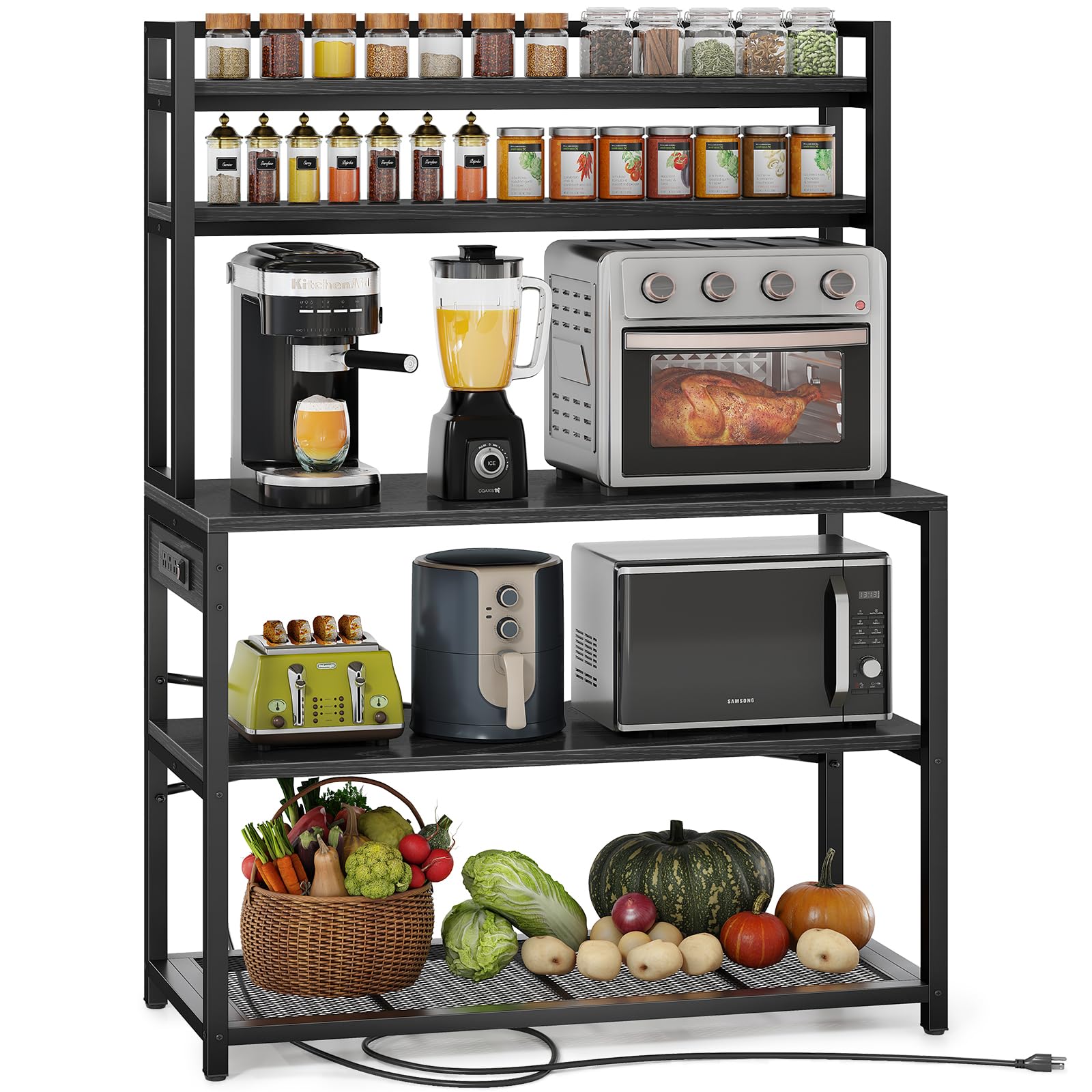 Denkee Large Bakers Rack with Power Outlets, 38 Inch Microwave Stand with Storage, 5-Tier Coffee Bar Stand