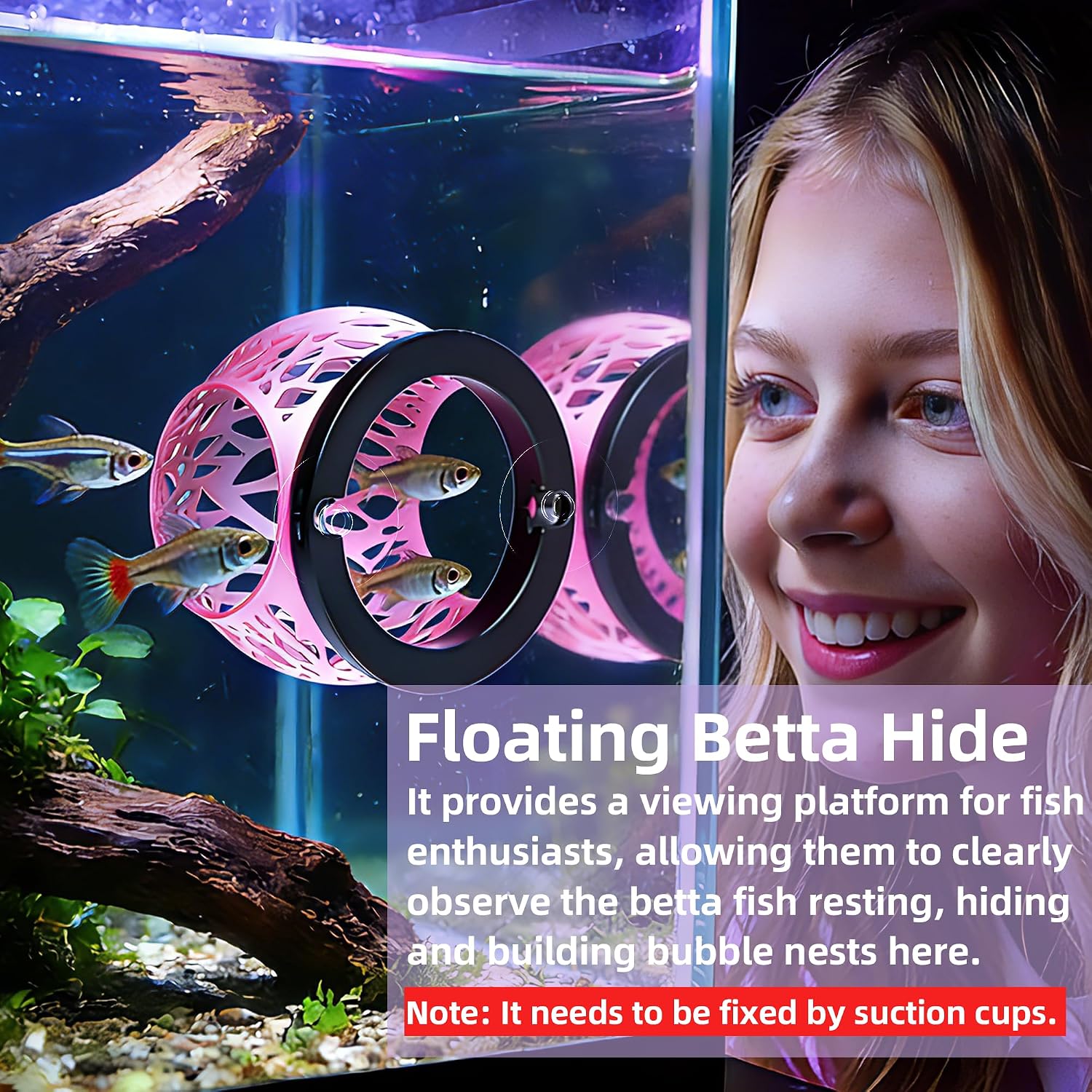 Floating Betta Hideout Cave for Aquarium, Multi-Function Resting Hammock & Shrimp Feeder with Fish Feeding Ring, Betta Fish Tank Accessories, Aquarium Decor & Fish Tank Decor（Rainbow Pink） image 2