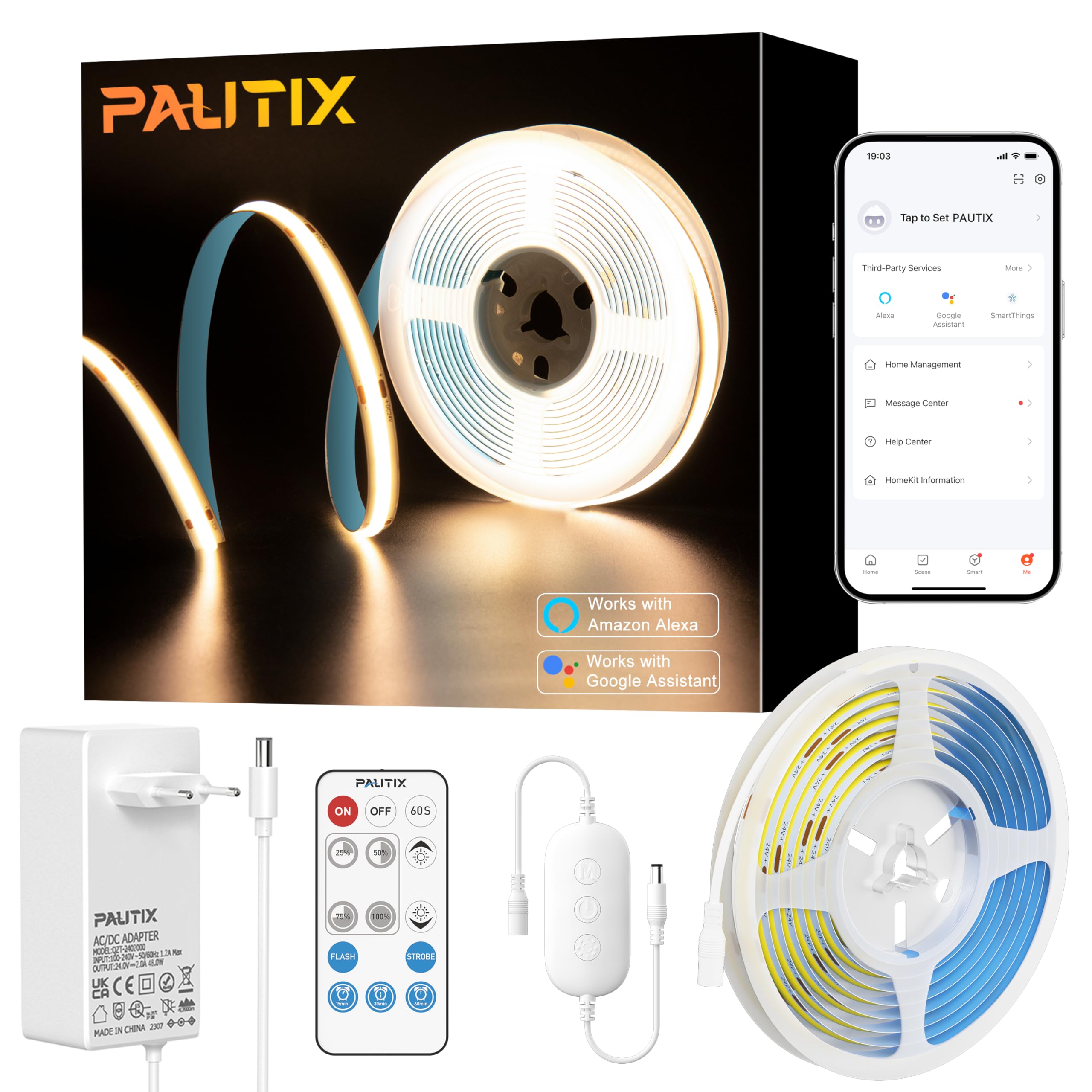 PAUTIX COB LED Streifen 5M Warmweiß 2700K Smart WiFi LED Strip Kit Kompatibel mit Alexa/Google Assistant,480LEDs/M Dimmbar Flexibel 24V LED Band für Schlafzimmer,Schränke,Wohnzimmer,CRI93 Superhell