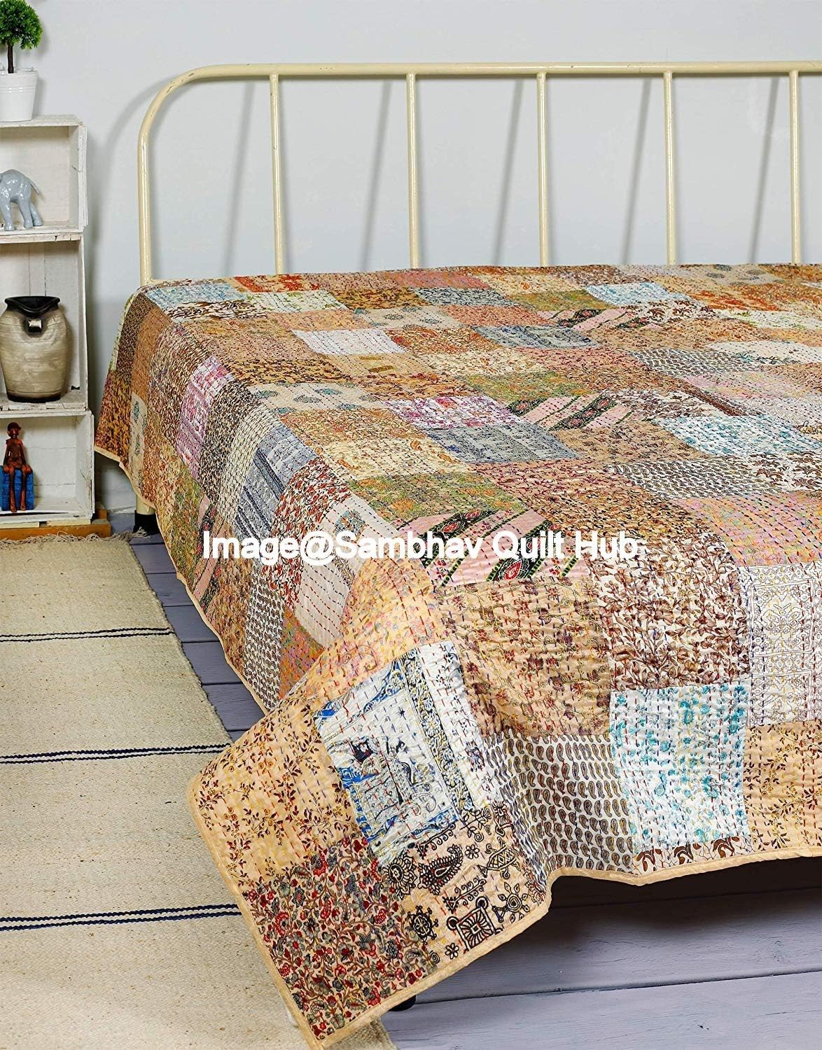 Beige Handmade Silk Sari Patola Queen Size Patchwork Silk Kantha Quilt 90x108 Inch Bedcover Silk Patola Quilt Throw Blanket (Multicolor Patchwork) Twin/King./Queen (60X90 inch)