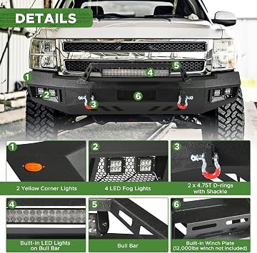 Front Steel Bumper Fit for Chevy Silverado 1500 2007-2013 | Winch Bumper 2nd Gen Silverado 1500 4 Lights 2 Corner Lights 2 D-rings 2 Packages