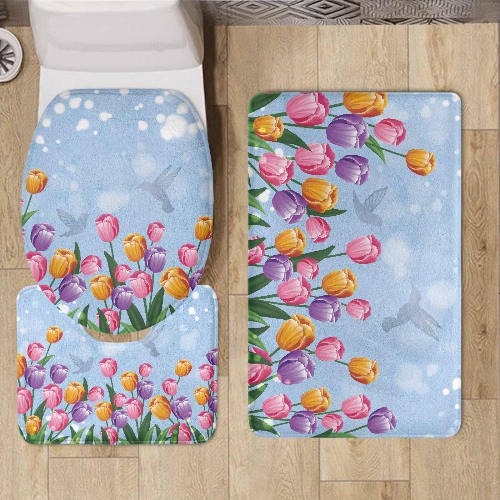 Oamsistay Tulip Toilet Seat Cover and Rug Set Absorbent Bathroom Rug Sets 3 Piece Soft Cozy Shaggy Thick Rugs for Bathroom Bedroom School Dormitory Accessories
