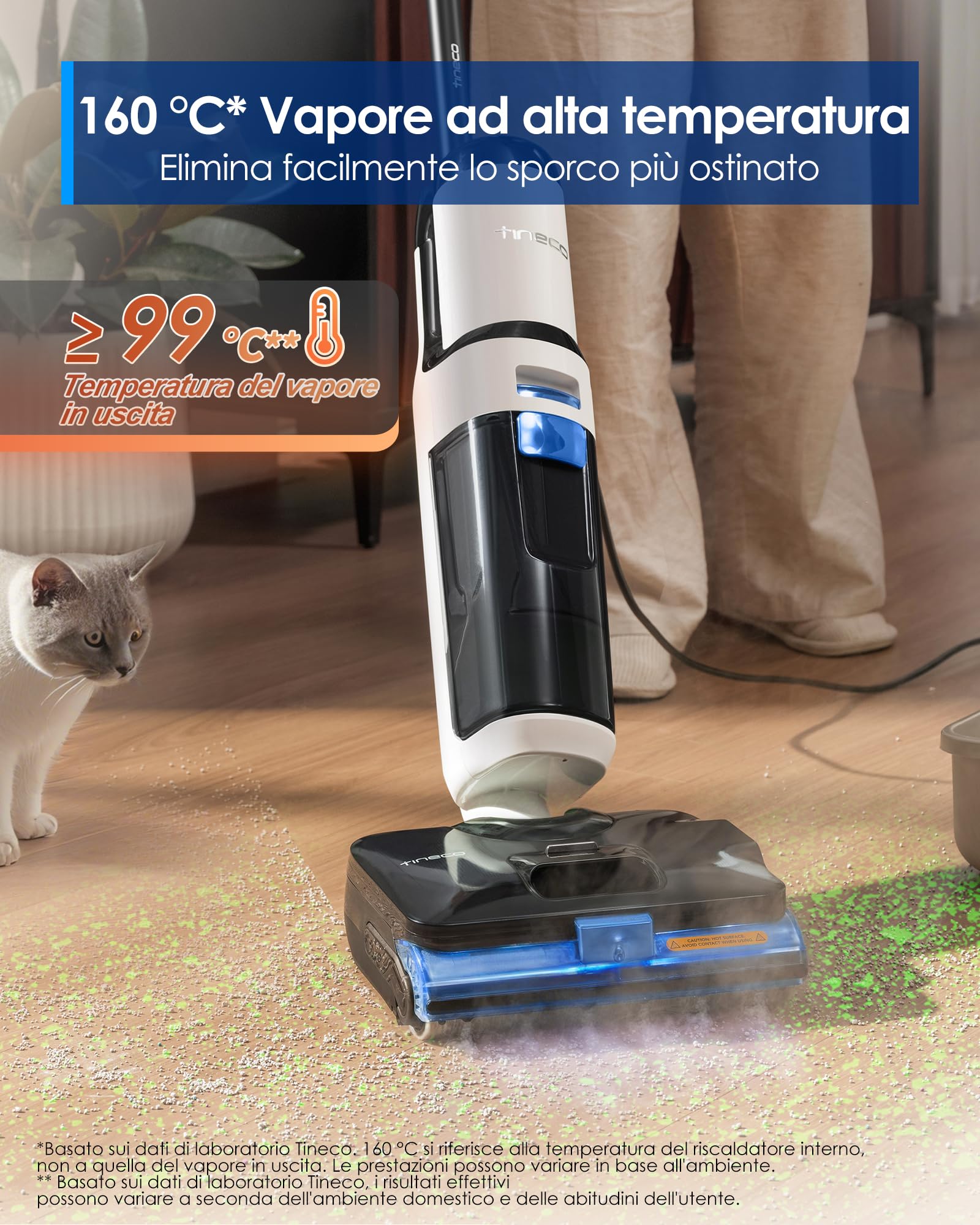 Tineco FLOOR ONE S6 Stretch Steam Aspirapolvere e lavapavimenti a vapore, Pulizia a vapore ad alta temperatura 160℃, Posizione piatta a 180°, Auto-pulizia FlashDry, Cavo lungo 8,3 m