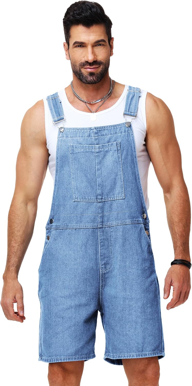 Men Denim Shorts Overalls Solid Color Bib Jumpsuit Jeans Coveralls with Pockets