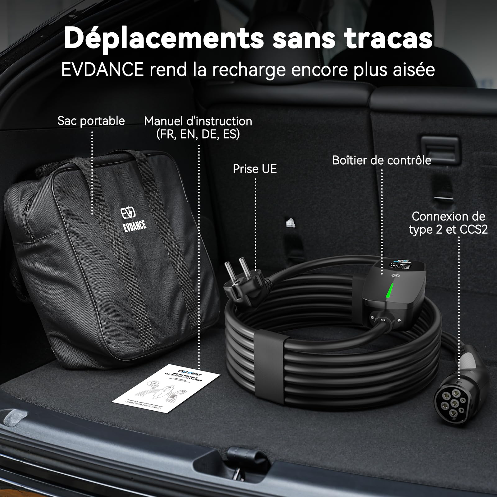 EVDANCE Chargeur Voiture Electrique (3,68 KW, 6-16A, 6,1m, 1-Phase), Noir | 6-16A Intensité Réglable, Câble Recharge Voiture Électrique Type 2, Étanche IP66, Sac Portable Offert, pour EV IEC 62196-2