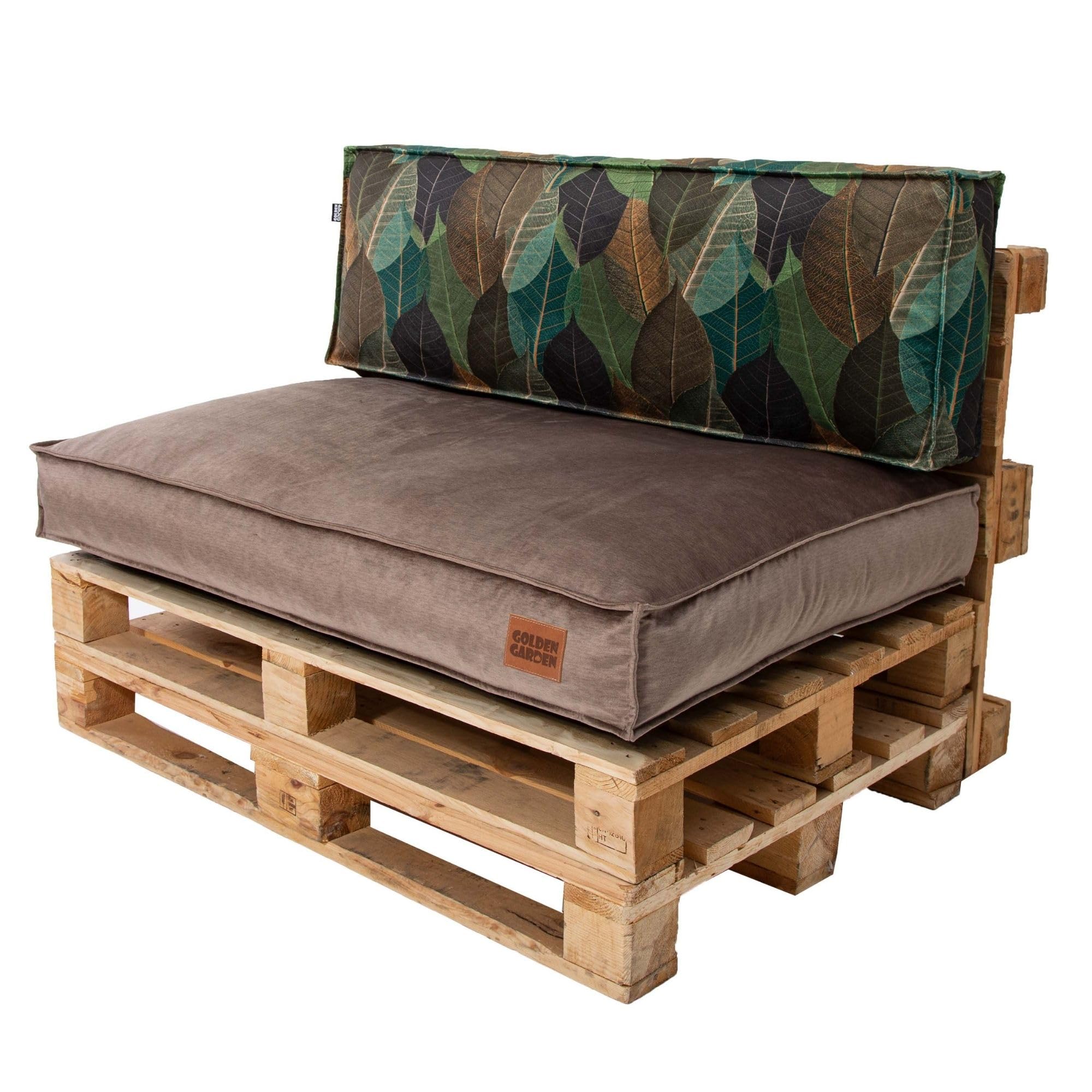 GoldenGroup Gartenset Kissen für Palettenmöbel Cappuccino & Blätter - Polsterstoff - Langlebiges und Wasserdichtes Material - Sitzkissen 120cm x 65cm x 15cm, Rückenkissen 120cm x 40cm x 10cm