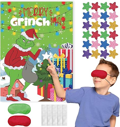 Juegos de Navidad para niños Pin The Star on Grinchs, decoraciones de fiesta, regalos para fiestas de vacaciones, juegos familiares para niños y