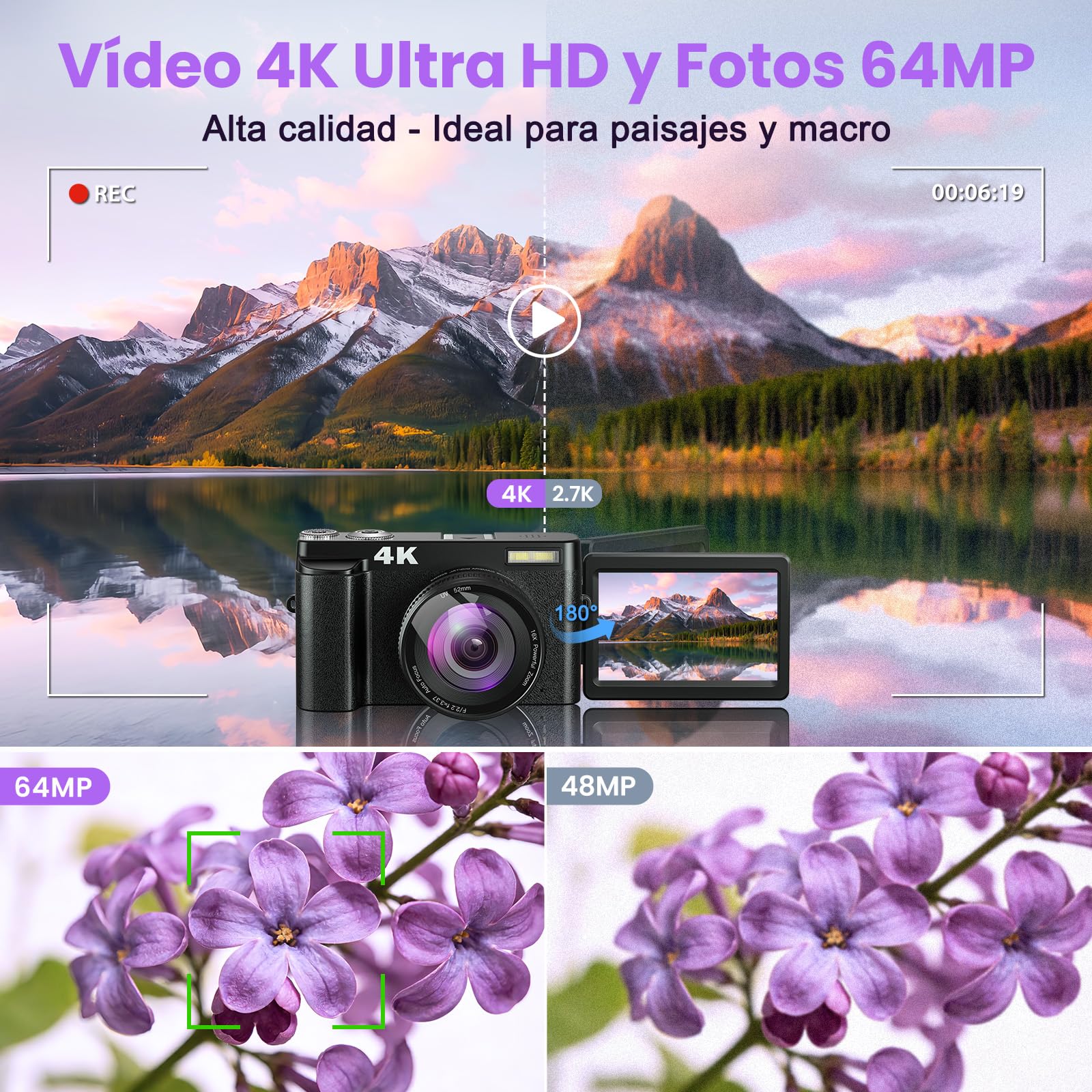 Cámara digital 4K 64MP con WiFi, zoom digital de 16X, pantalla abatible de 180° y enfoque automático, cámara de vlogging para selfies, cámara WiFi compacta con tarjeta de 32 GB y 2 baterías, ideal