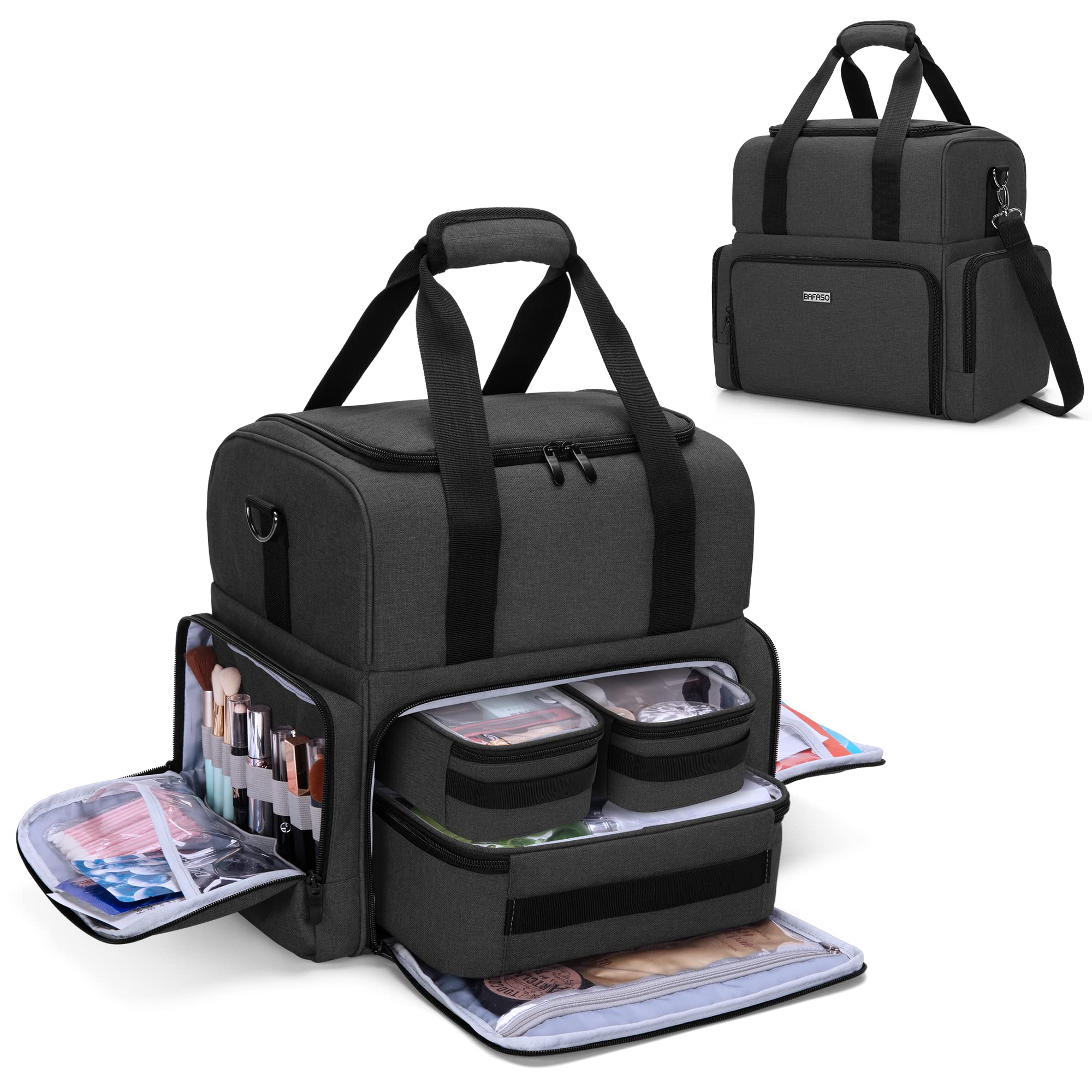 BAFASO 2 Layers Large Travel Makeup Bag with 3 Inner Removable Pouches, Cosmetic Bag with Detachable Dividers (Patented), Black