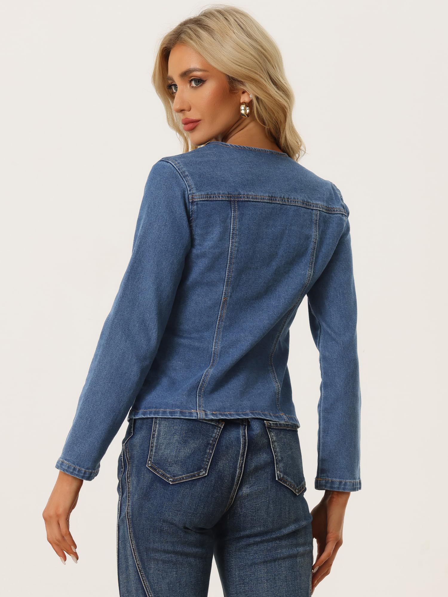 Allegra K Damen Jeansjacke Langarm Reverskragen Knopf Denim Blazer
