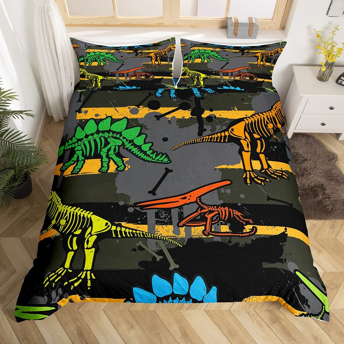 Homemissing Boys Multicoloured 20 Dinosaur Fossil Bedding Set Dino Skull Comforter Cover For Kids Girls Teens Jungle Animal Wildlife Stripe Duvet Cover Breathable Bedspread Cover Quilt Cover Single Size