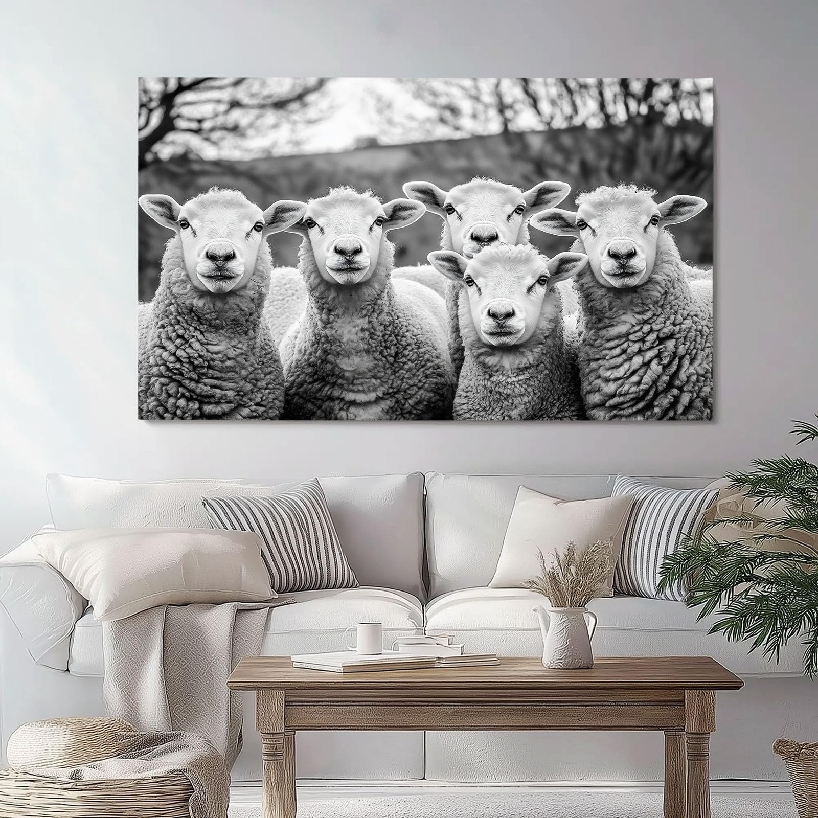 Quadro su Tela per Arredamento casa, Moderno, Bianco e Nero, per Bagno e Ufficio, con Dipinti e fotografie di Pecore, Stampa Artistica 100L x 50W cm