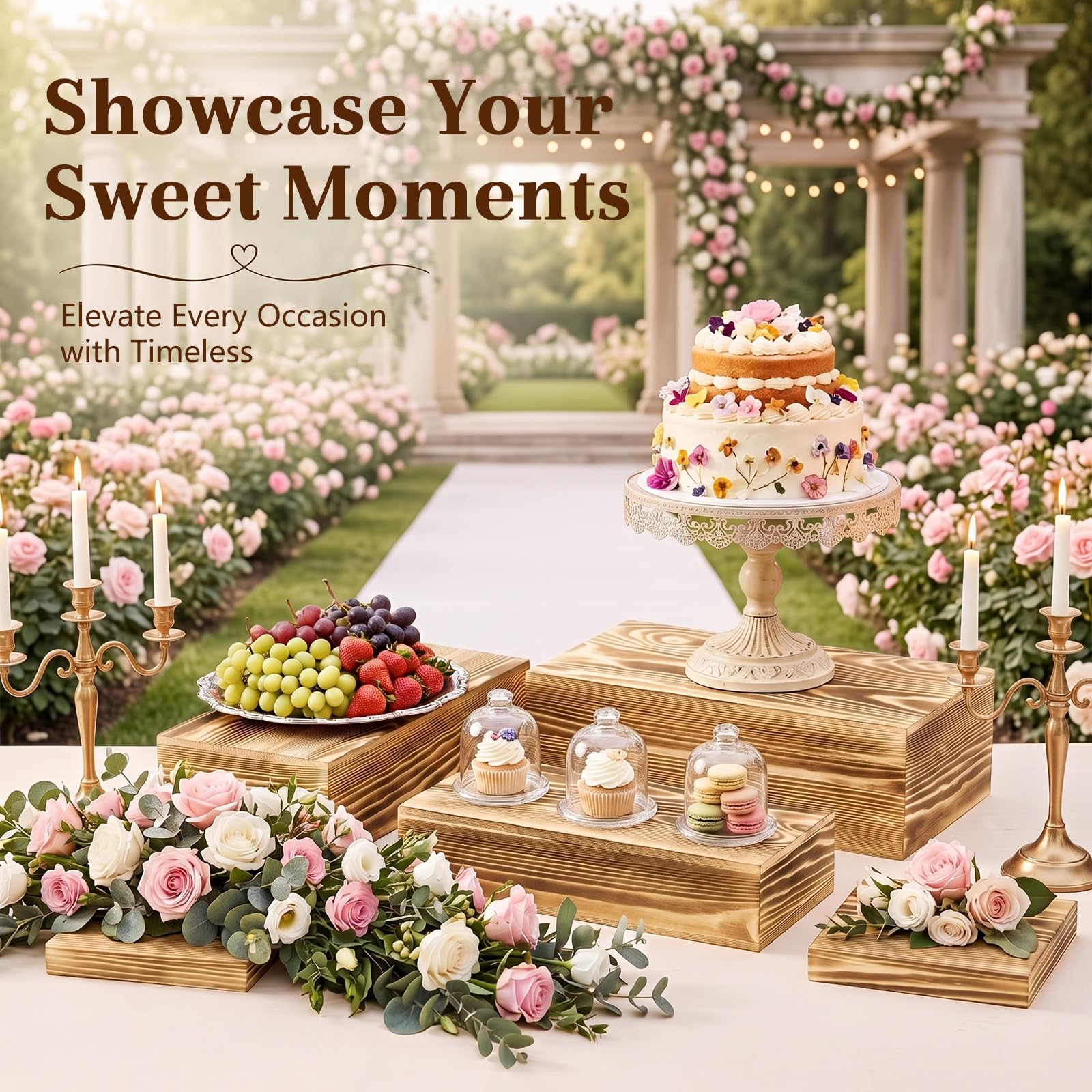 Leinuosen Juego de 5 elevadores de buffet extragrandes, caja de exhibición rectangular de madera, para catering, postre, mesa, soporte decorativo con fondo hueco para catering (madera clara)