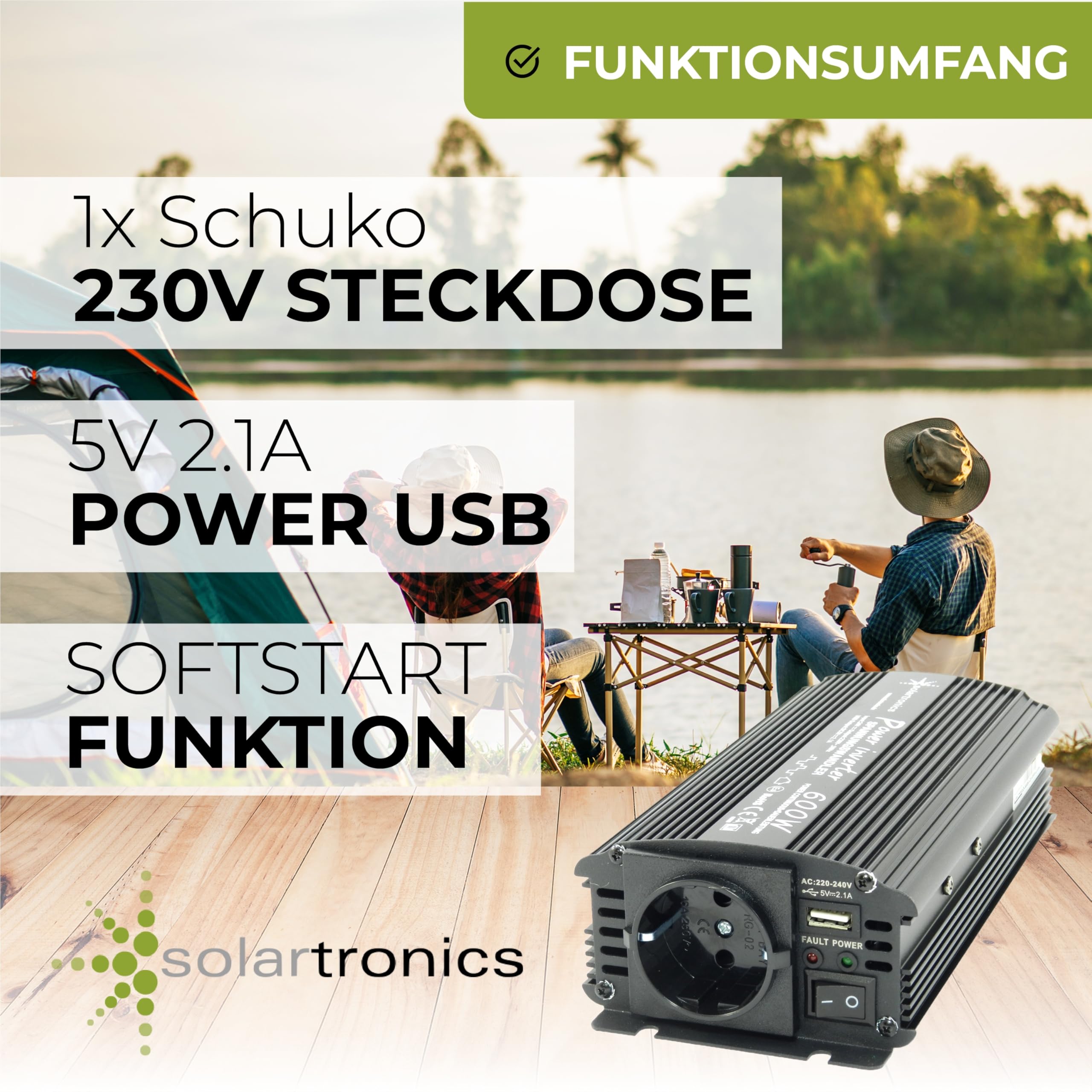 Solartronics Convertidor de Voltaje NM600 12V a 230V, 600W Continuo, 1200W Potencia Maxima, Onda Sinusoidal Modificada con Enchufe Schuko Puerto USB, Carcasa de Aluminio, Negro