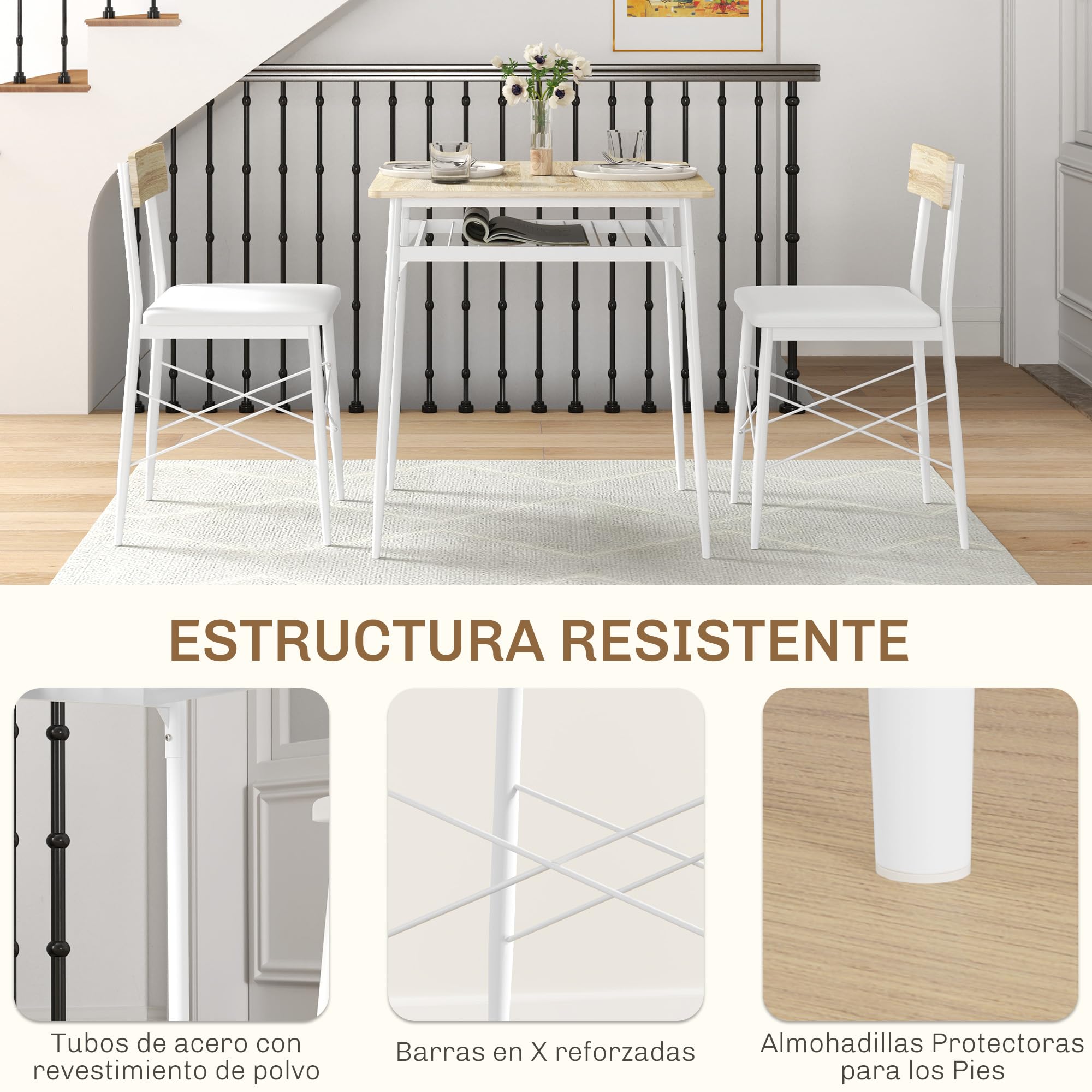 HOMCOM Conjunto de Mesa y Sillas de Comedor de 3 Piezas Mesa con Dos Sillas | sin Brazos, Estante Abierto, Estructura de Acero, Blanco y Roble