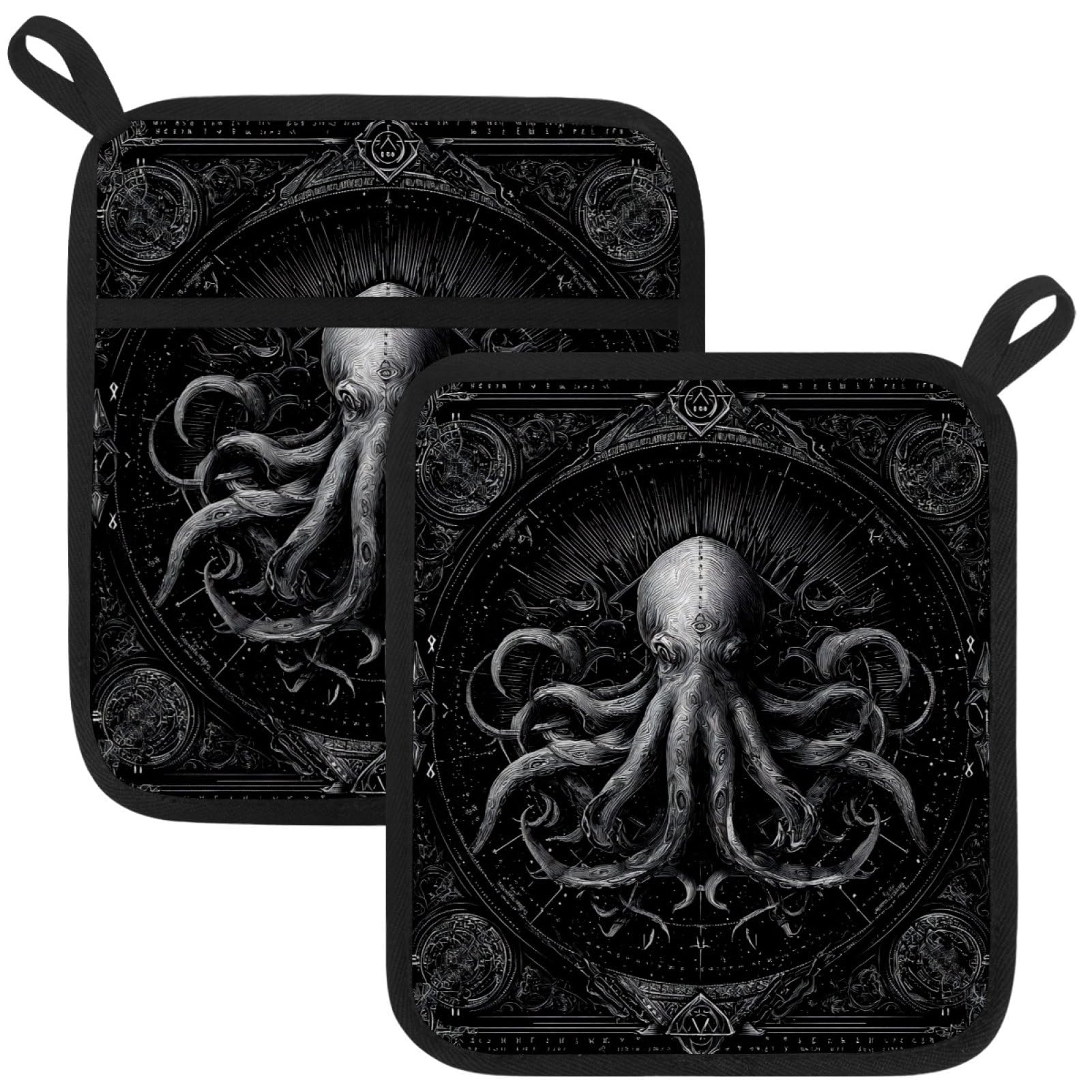 VAPOKF Funny Octopus Heat Resistant Pot Holders, Thick Pot Holders Pad with Hanging Loop for Kitchen, Oven Cloth Pads for Kitchen Baking Microwave Oven