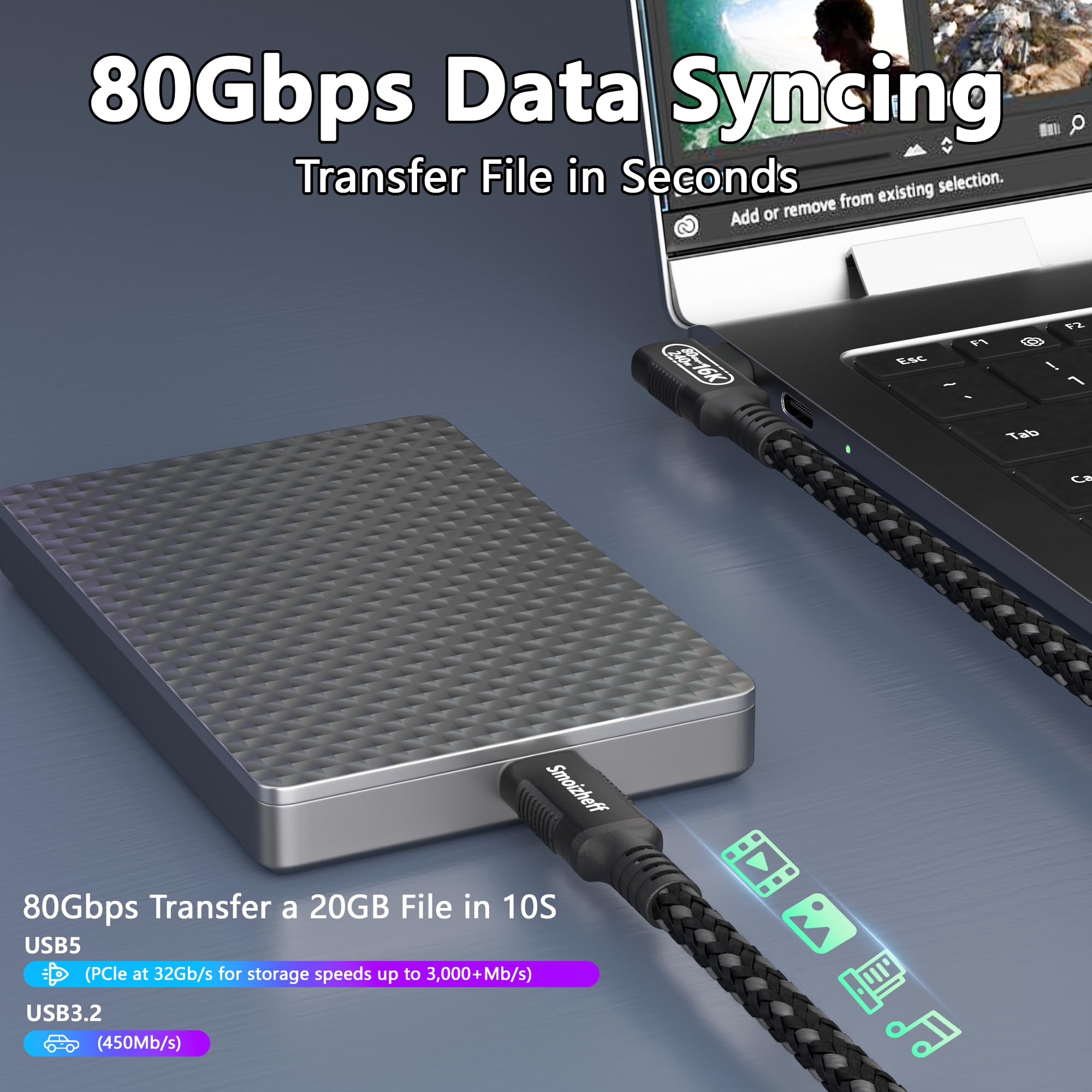 USB-C-Kabel, 1 m, 90 Grad rechtwinklig, USB 5.0-Kabel, 80 Gbit/s Datenübertragung, 240 W PD3.1 Ladekabel, 16 K/Dual 8K Video, Thunderbolt 5/4/3 USB4 kompatibel, für Laptop, Tablet, Gaming-Dock