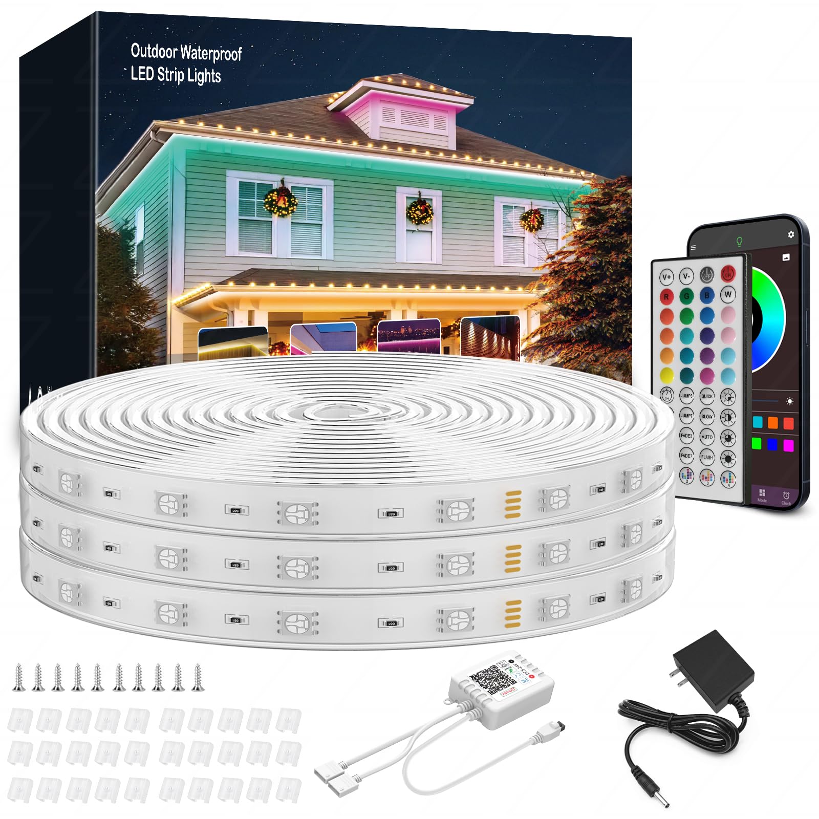 NBBUFF Outdoor Led Strip Lights Waterproof 200ft (2*100ft) IP68 Waterproof Led Light Strips with Remote, App Control, Music Sync RGB Led Rope Lights for Roof Deck Balcony