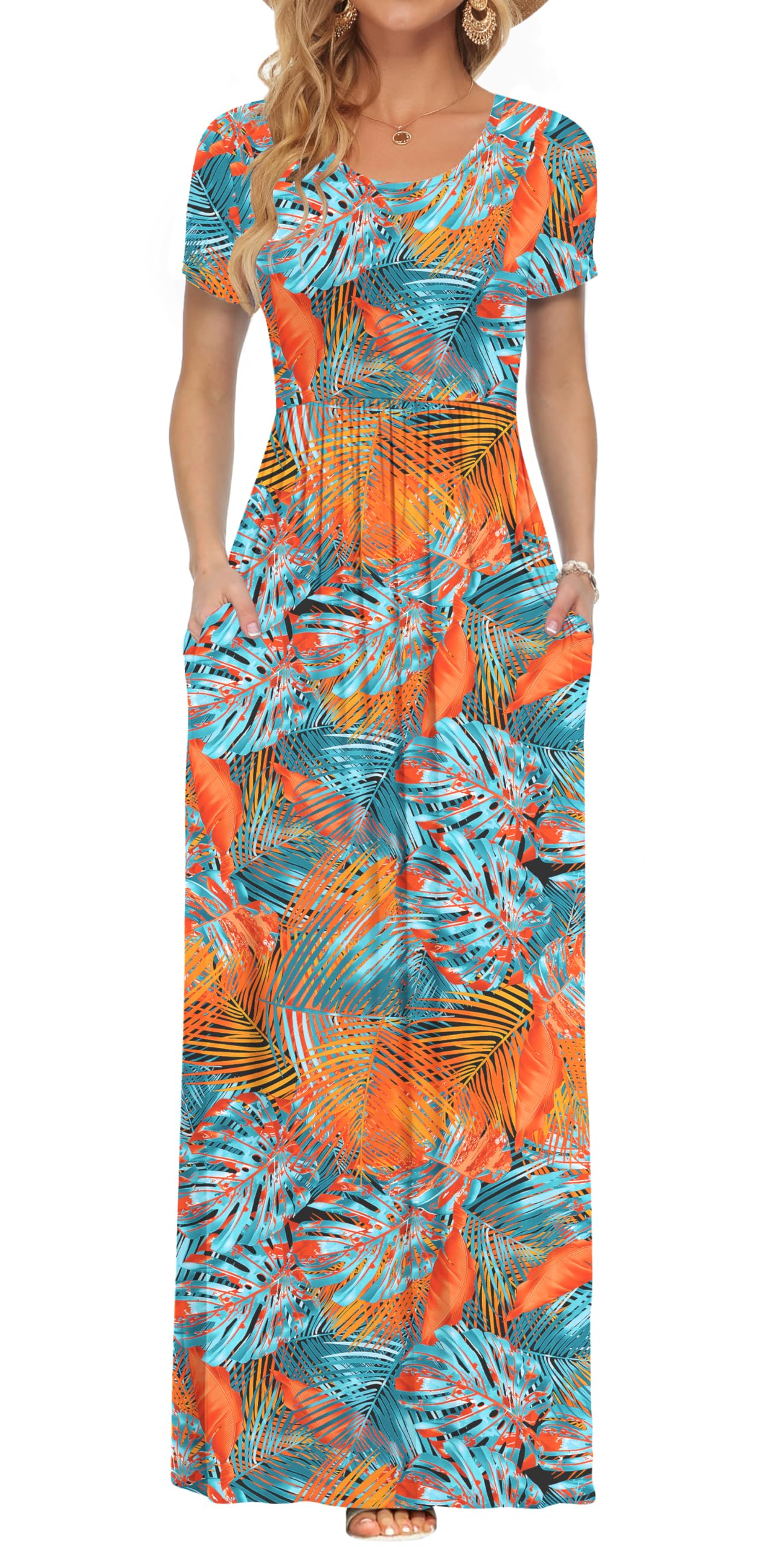 AUSELILY Women's Summer Short Sleeve Loose Plain Casual Long Maxi Dresses | Year Round wear solid floral print, Casual wear, Empire waist, Floor length, Side pockets