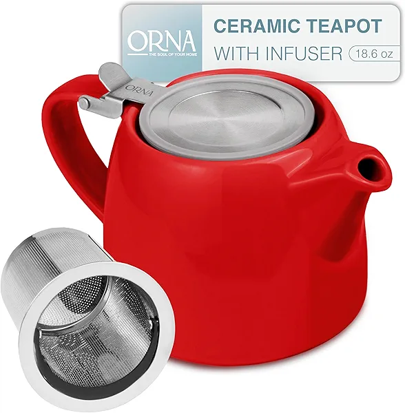ORNA Ceramic Teapot with Tea Infuser – Small Tea Pot for Loose Leaf Tea – 550ml / 18.6 Oz Non-Stove Porcelain Teapot for 2 Cups with Tea Strainer (Red)