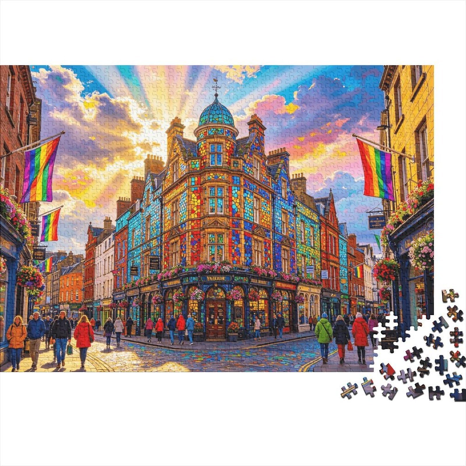 Old Town Square 1000 Piece Jigsaw Puzzle Recycled Colorful Buildings Senior Puzzles Party Game Props Developing Boy & Girlโs Intelligence Educational Fun 38x26cm/1000pcs
