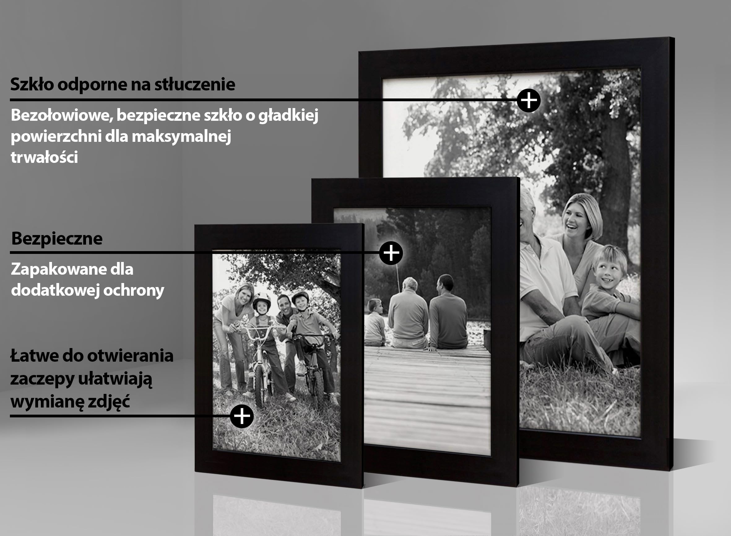 Americanflat czarne ramki na zdjęcia – zestaw 10 szt.: 2 x 20 x 25 cm, 4 x 13 x 18 cm i 4 x 10 x 15 cm – galeria zdjęć do powieszenia – ze szkłem odpornym na stłuczenie