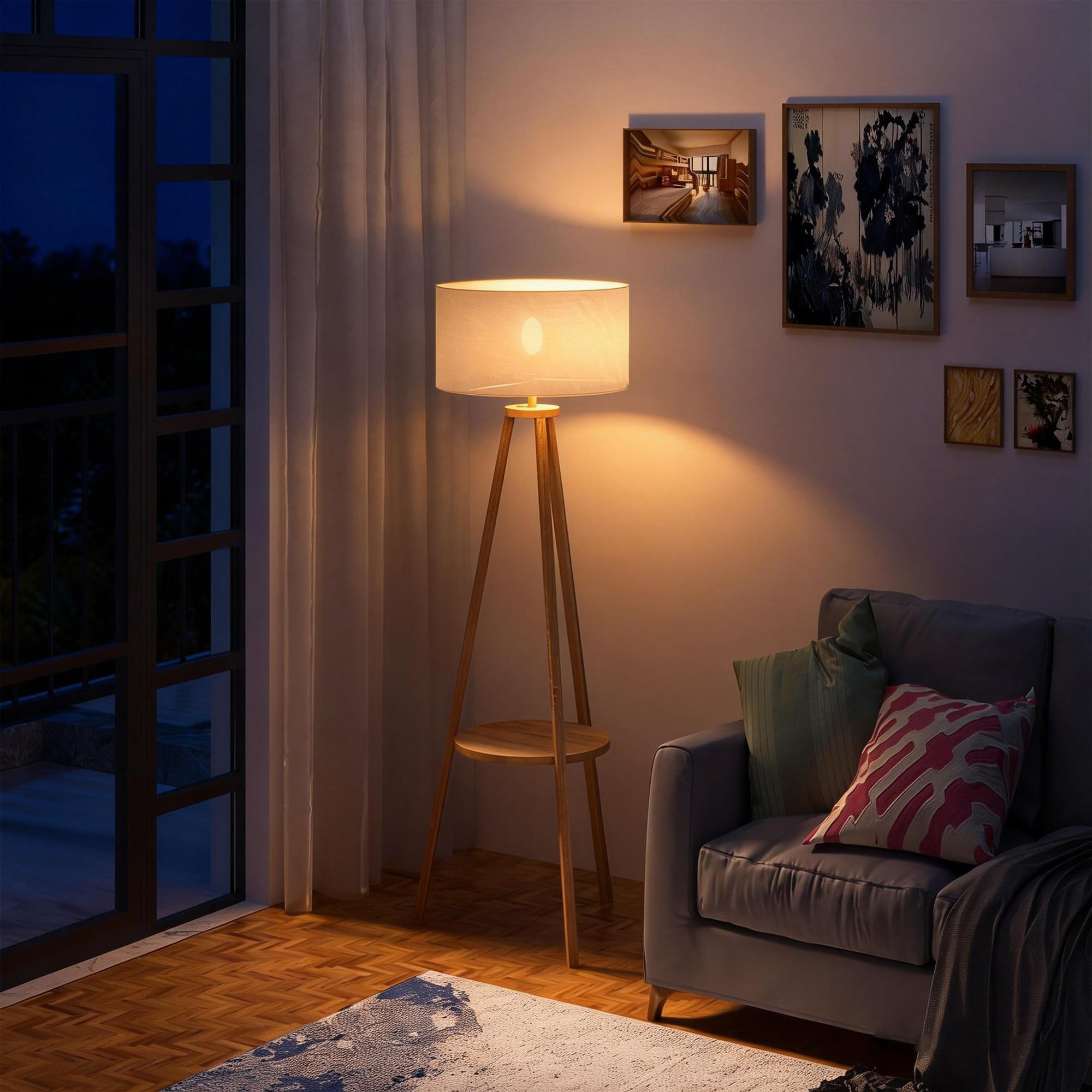 HOMCOM Lámpara de Pie Trípode con Estante Pantalla de Lino Beige y Natural | Lámpara de Salón, Interruptor de Pie, para Sala de Estar, Oficina, Dormitorio