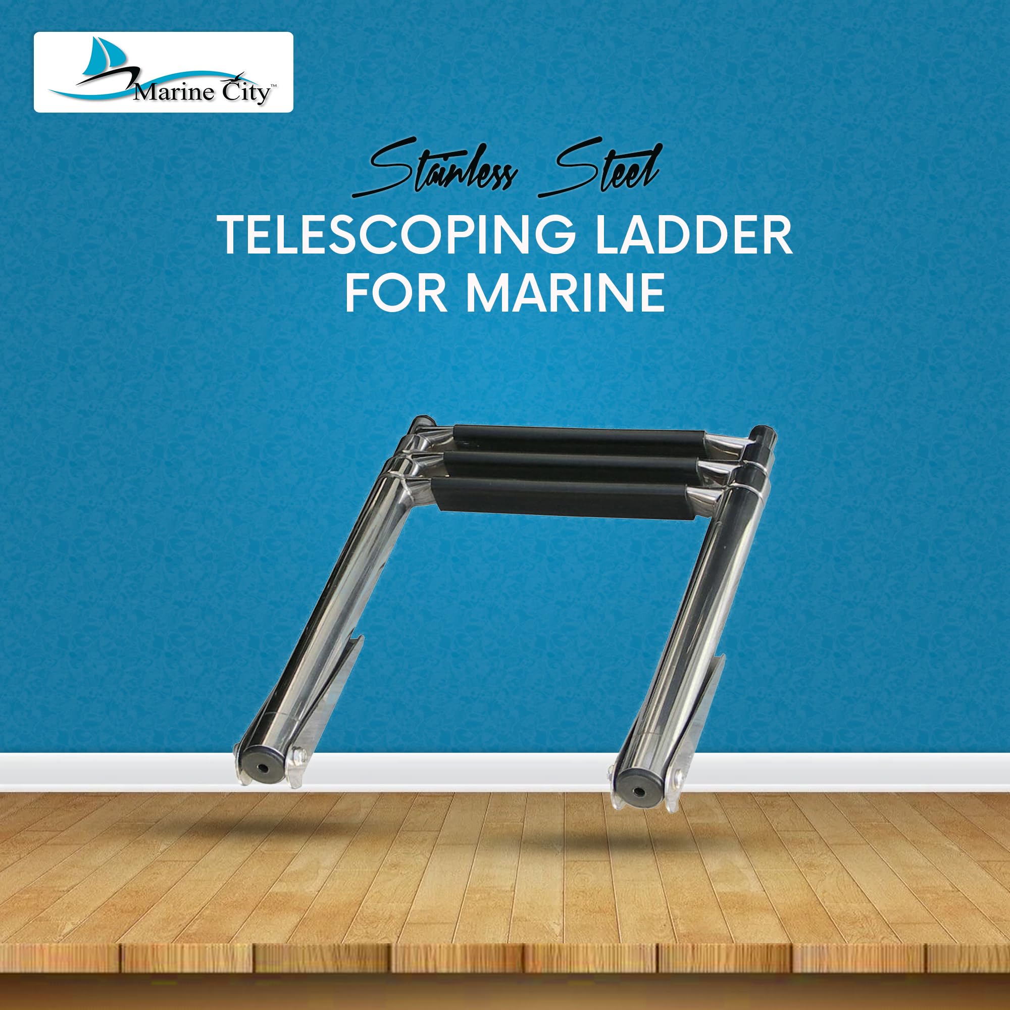 MARINE CITY 3-Step Telescoping Boat Ladder – 304 Stainless Steel, Foldable with Anti-Slip PVC Steps, 400 lbs Capacity, Ideal for Marine Boats & Ships Use